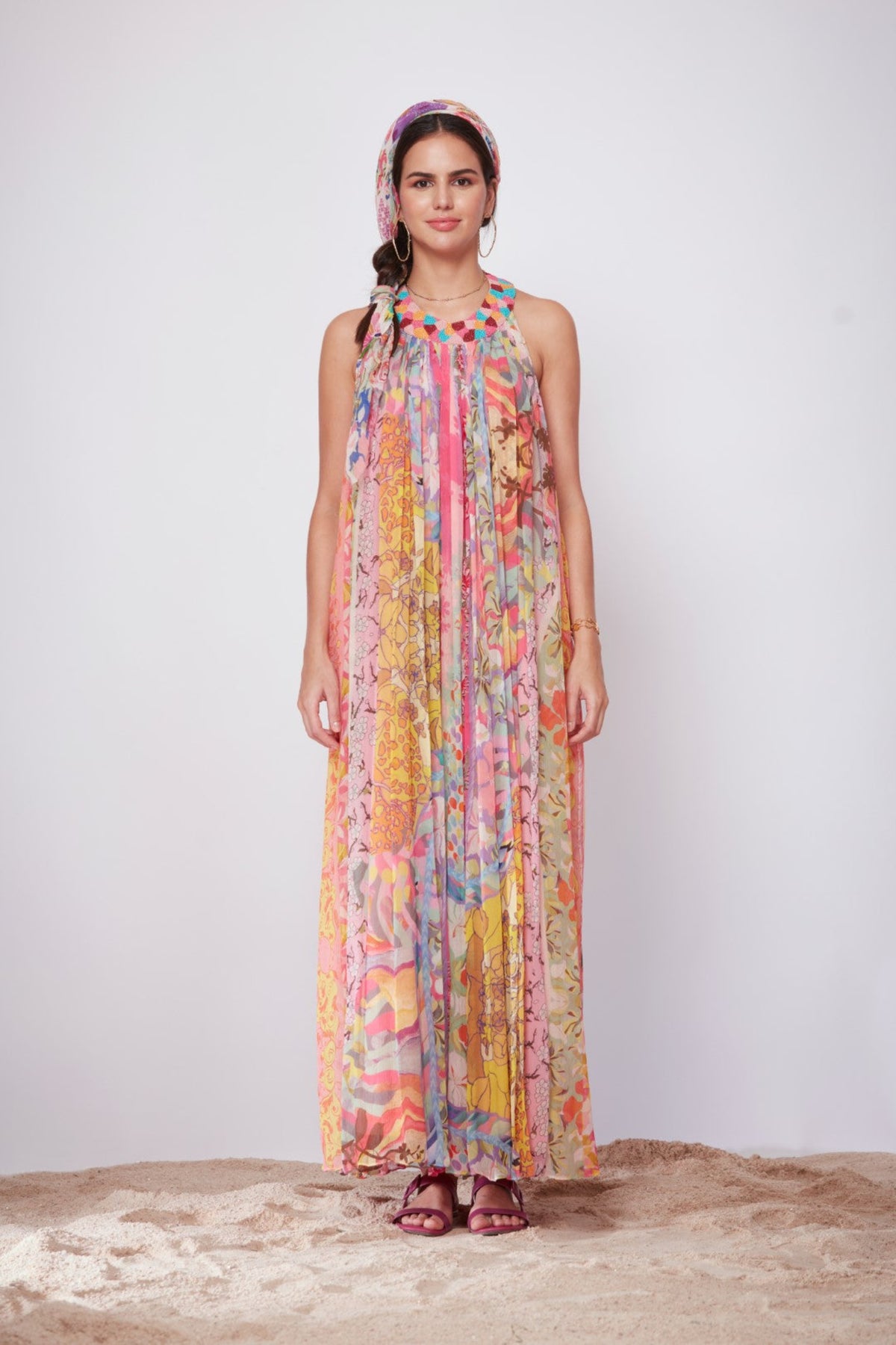 Mix Print Gathered Maxi Dress