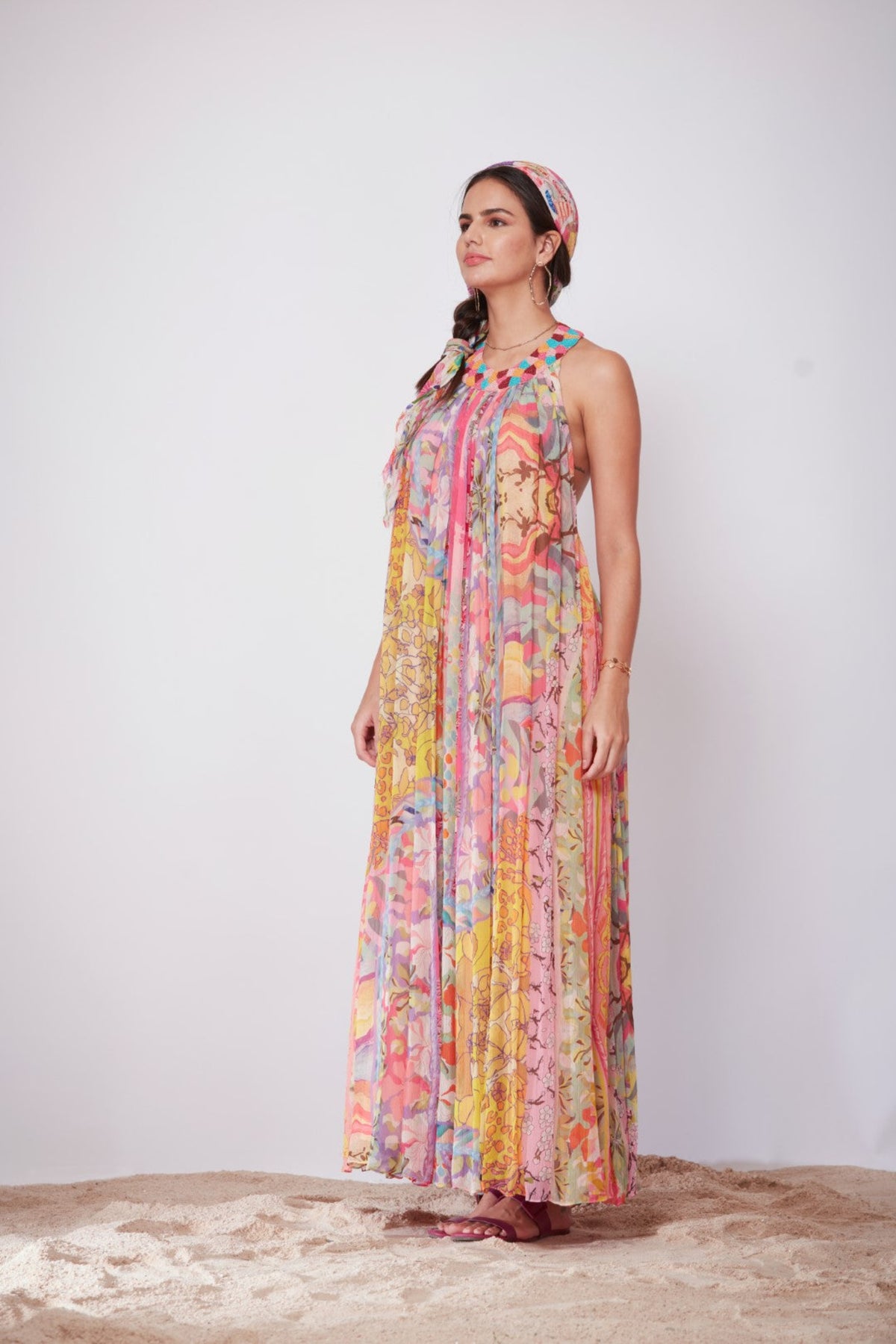 Mix Print Gathered Maxi Dress