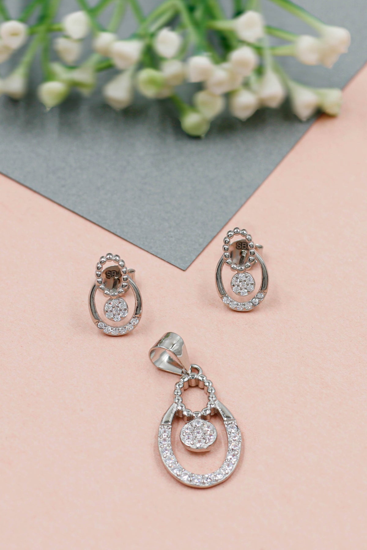 Ethereal Glow Cz Stud Pendant Set