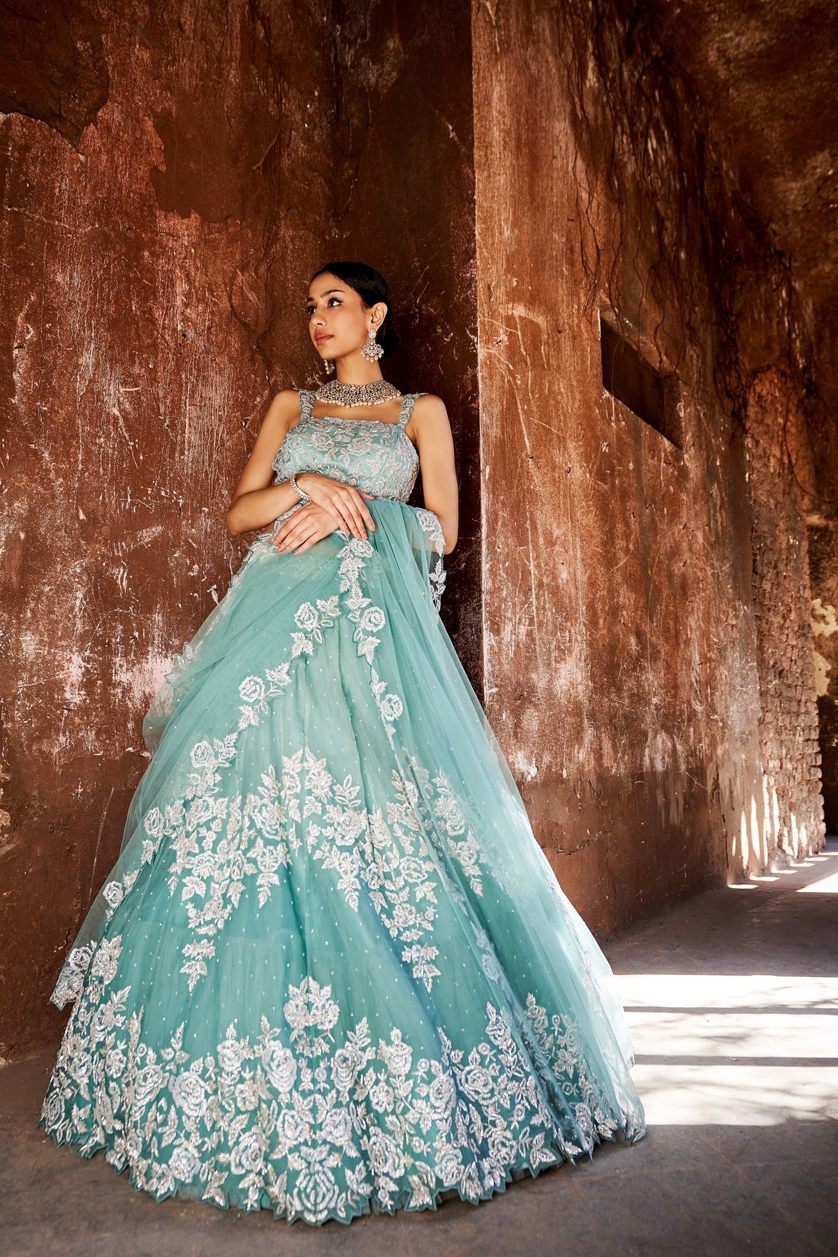 Sky blue organza lehenga