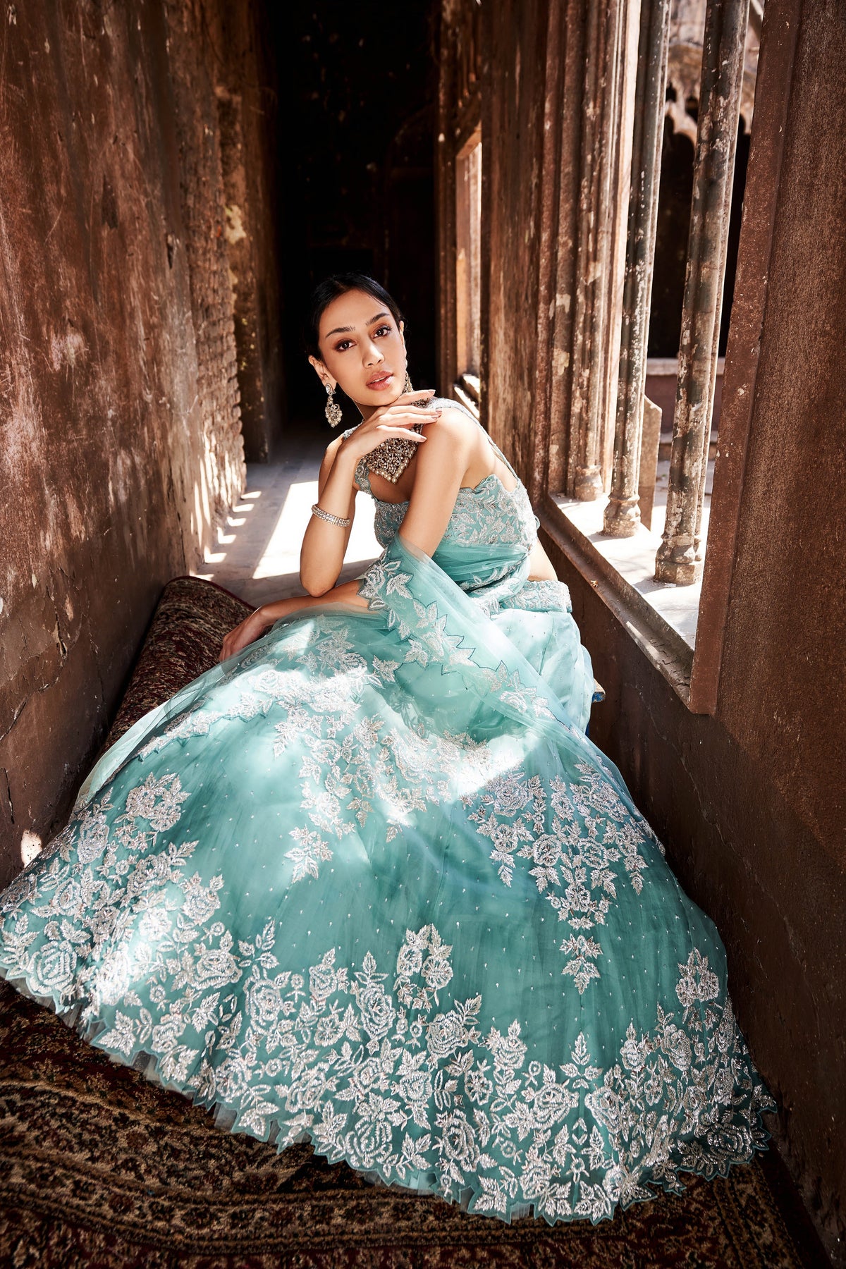 Sky blue organza lehenga