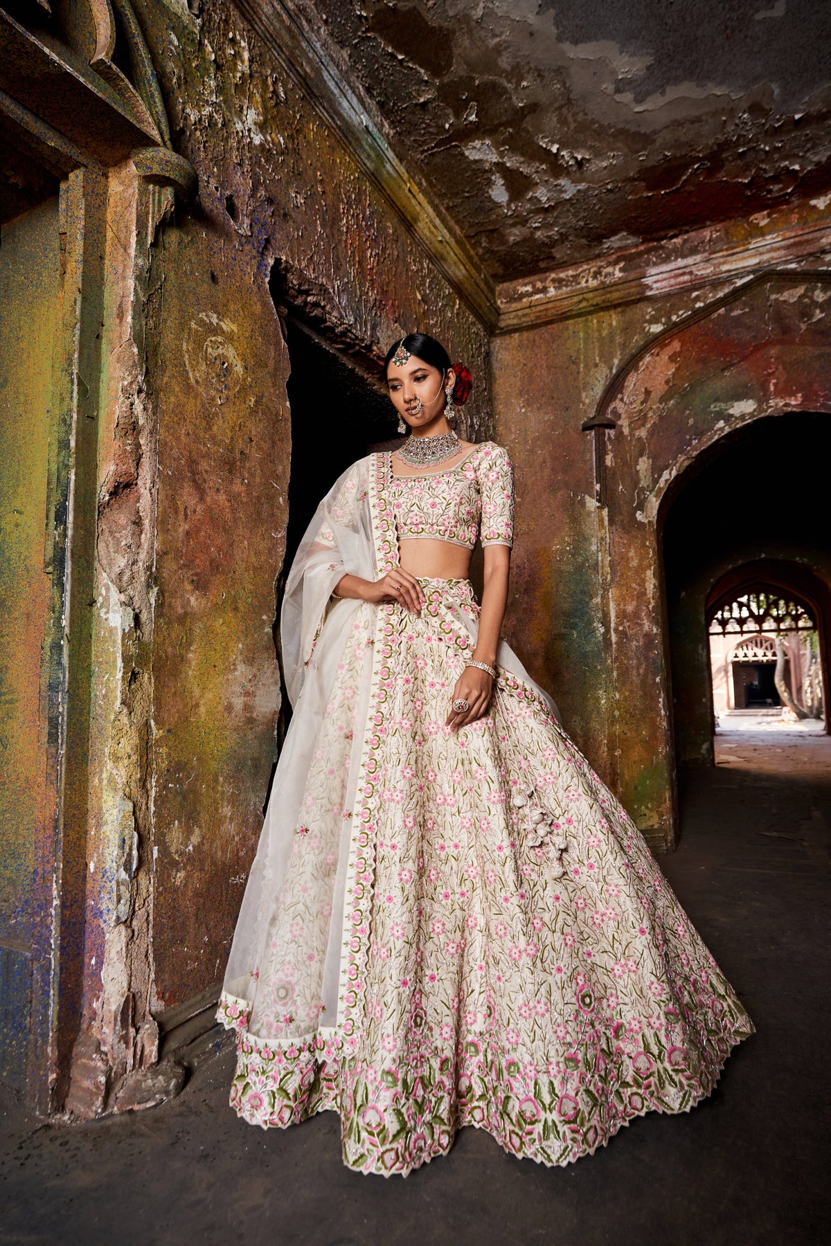 White intricate floral lehenga