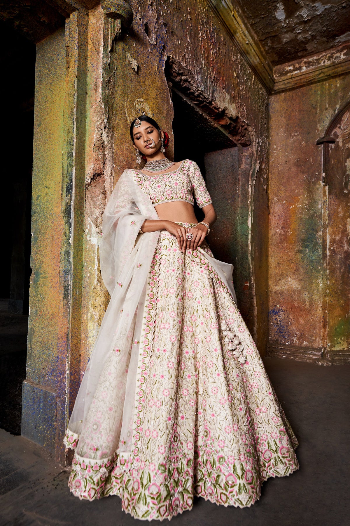 White intricate floral lehenga