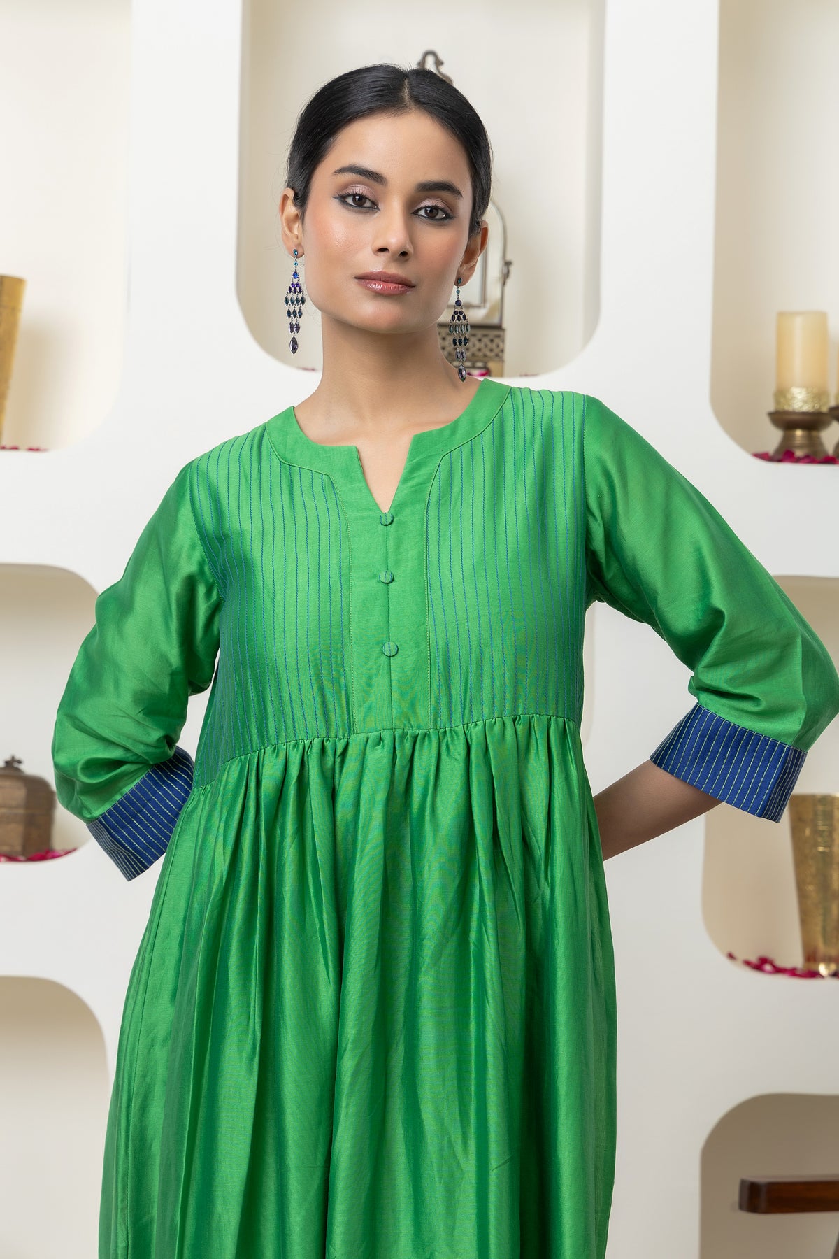 Bottle Green Chanderi Dress