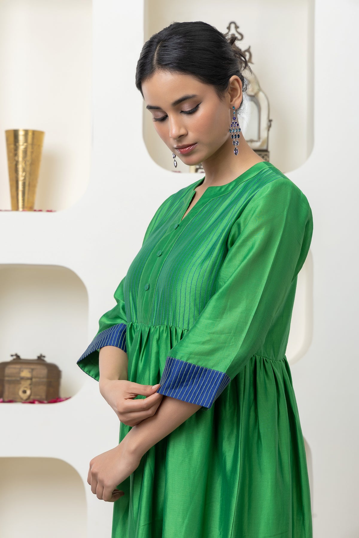 Bottle Green Chanderi Dress