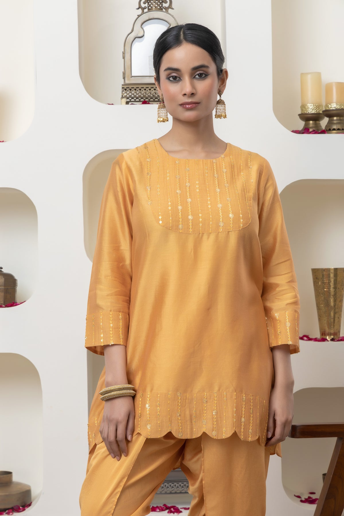 Mustard Chanderi Tunic Set