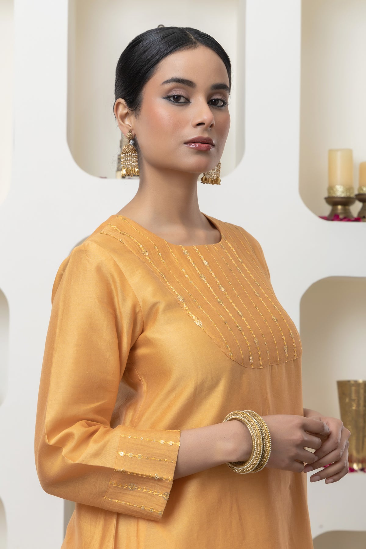 Mustard Chanderi Tunic Set