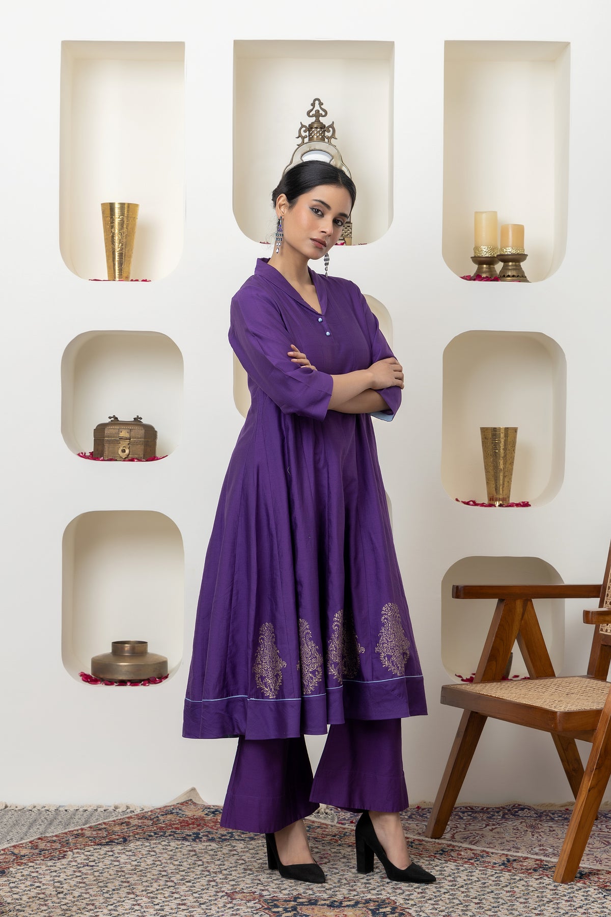 Purple Hand Block Printed Anarkali Set