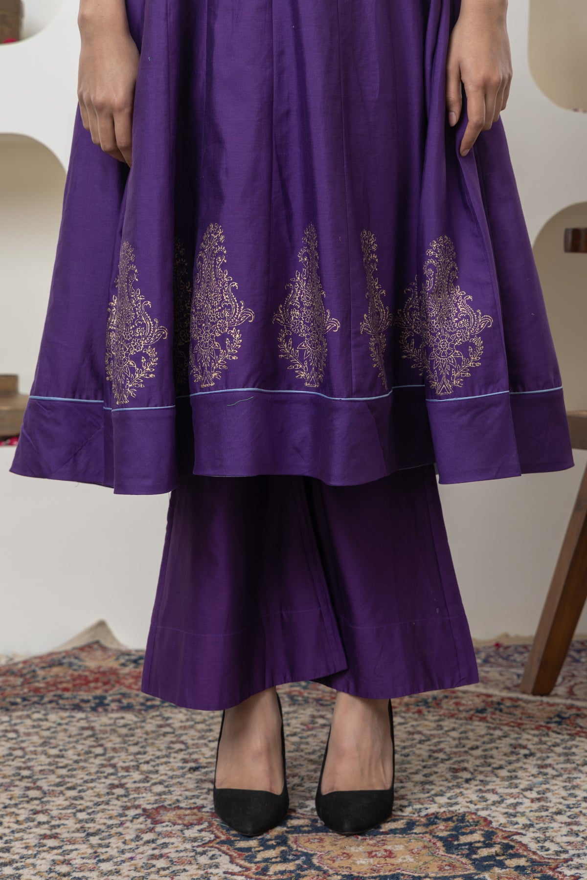 Purple Hand Block Printed Anarkali Set