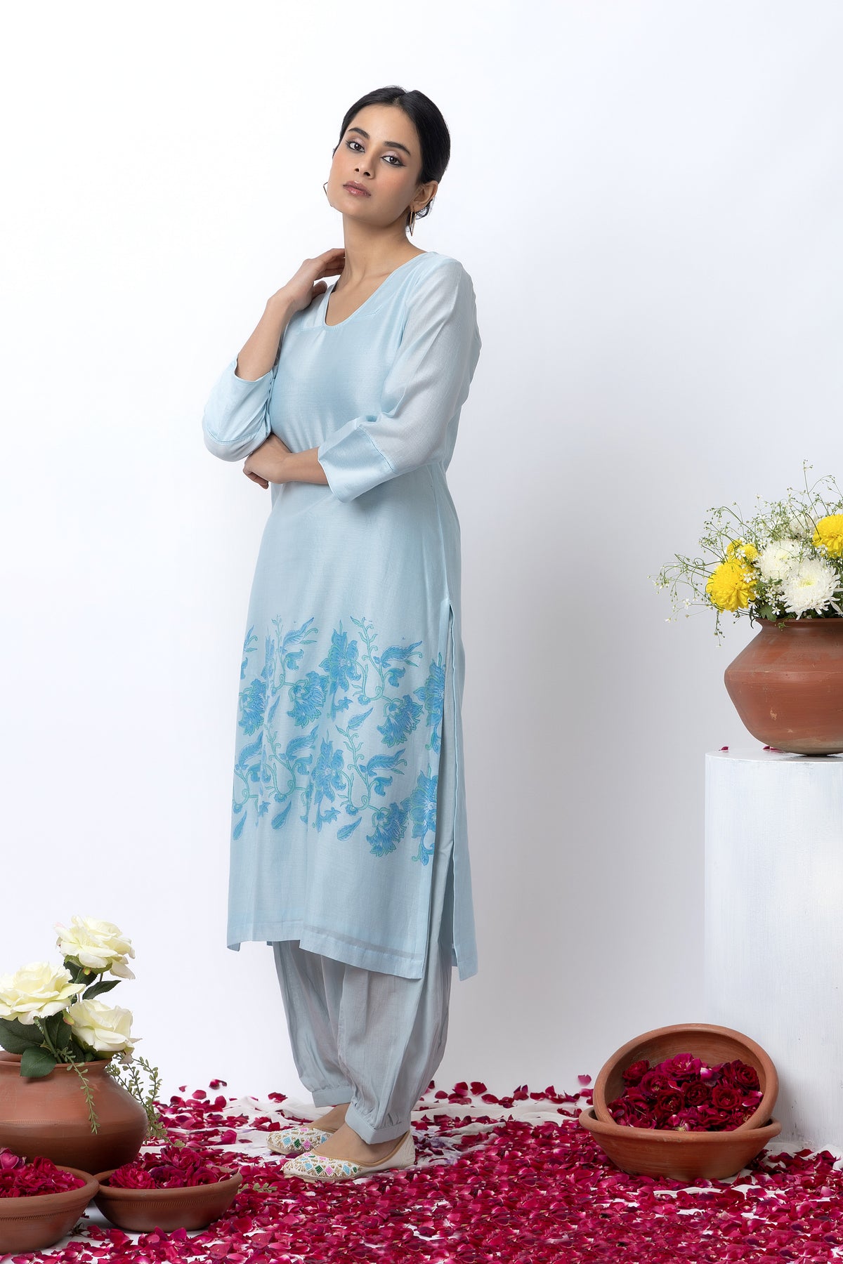 Sky Blue Block Printed Kurta Set