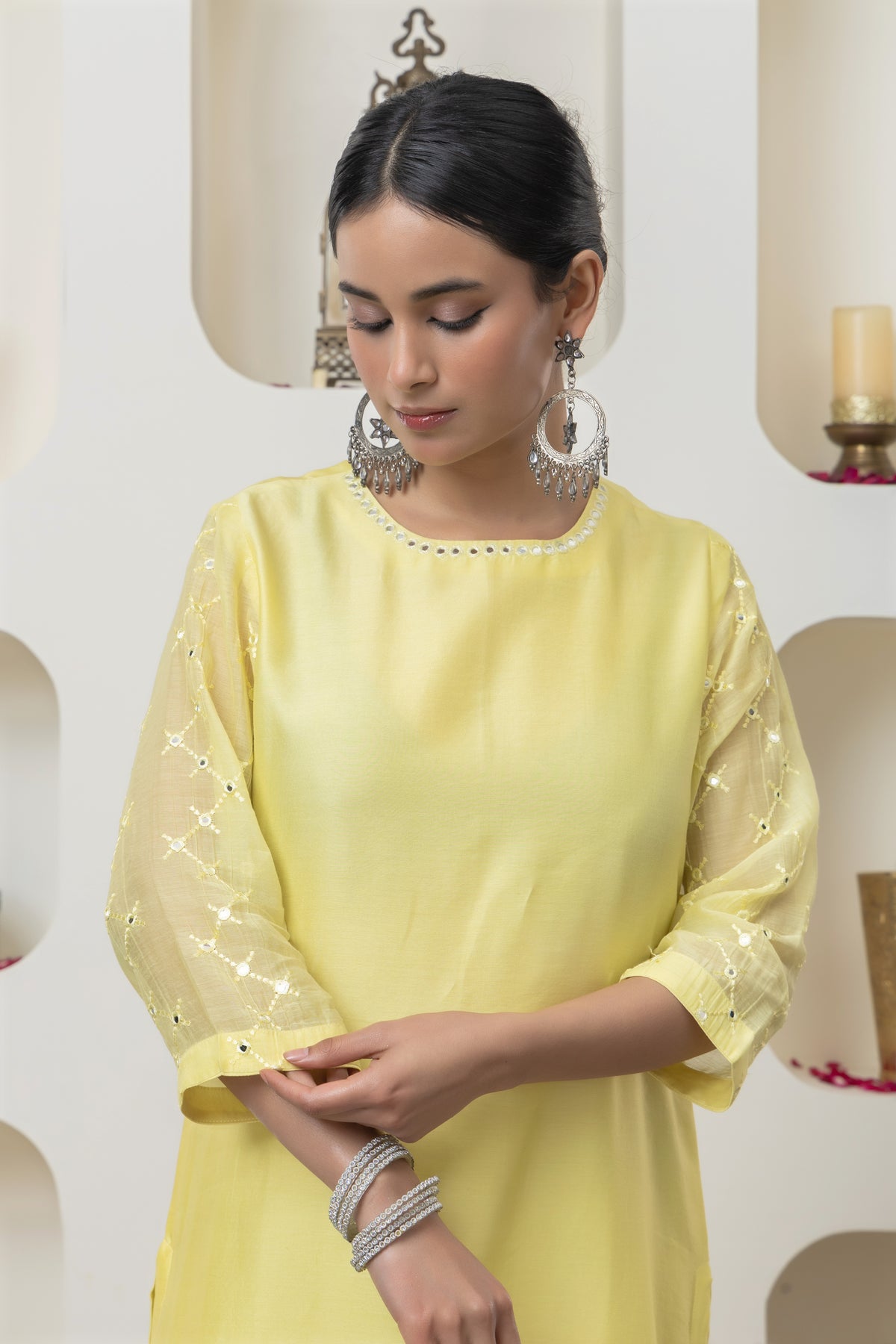 Yellow Mirror Work Kurta Set