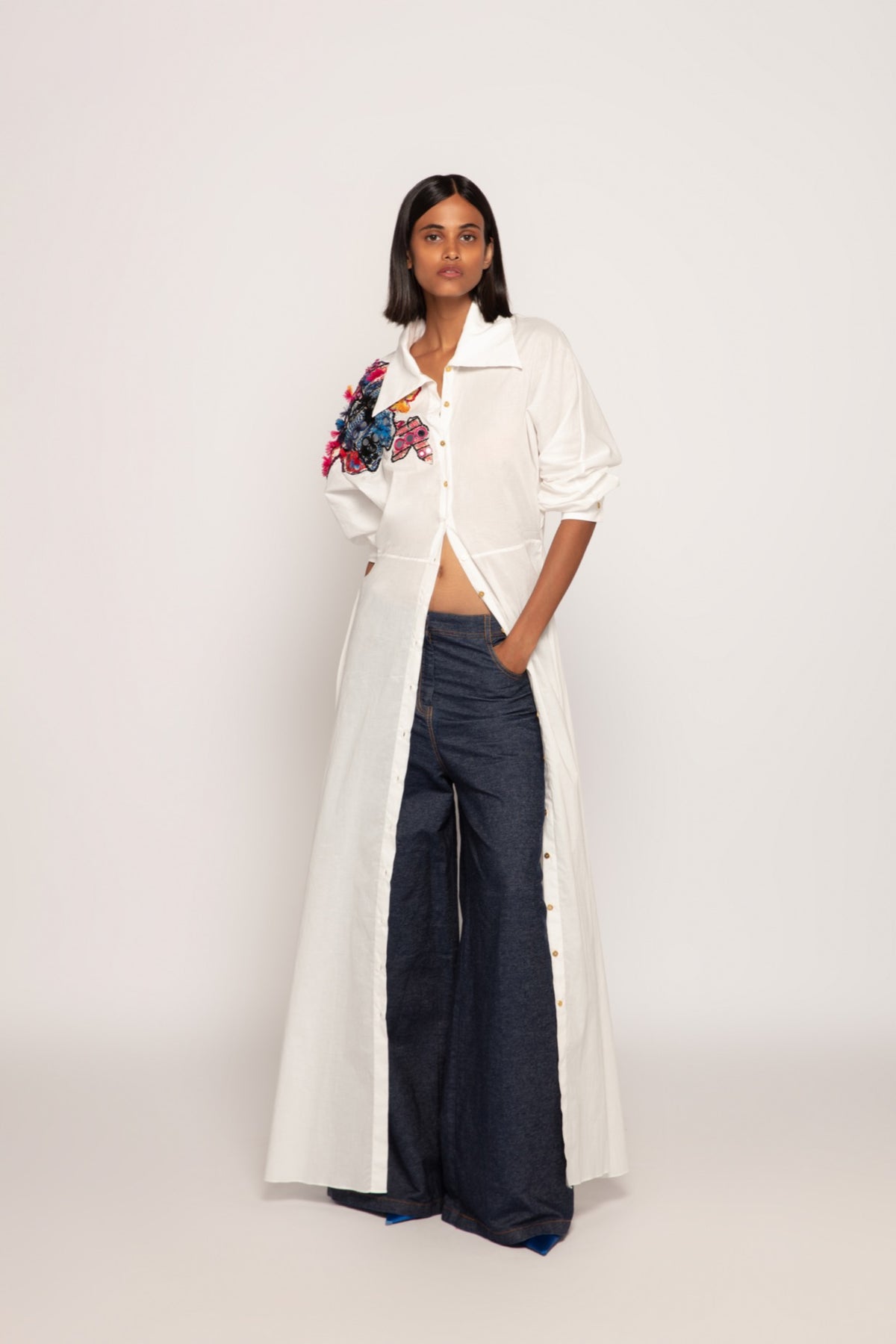 Maxi Length Shirt Dress With Flared Jeans