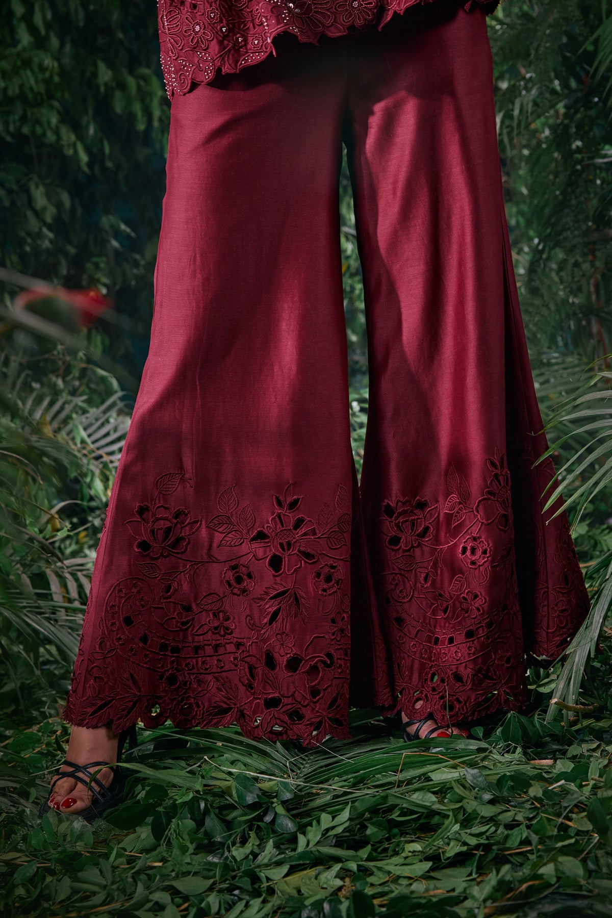 Wine Cutwork Flared Pants