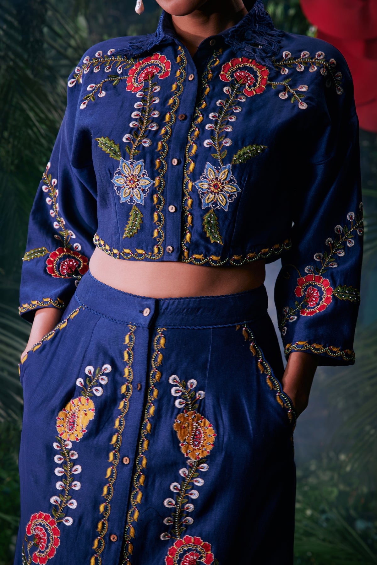 Indigo Floral Embroidered Crop Shirt