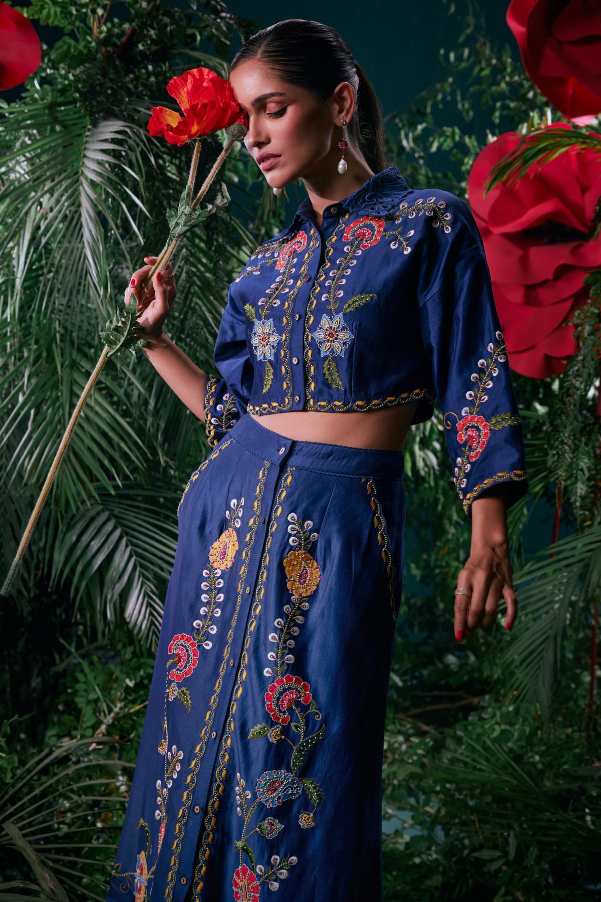 Indigo Floral Embroidered Crop Shirt