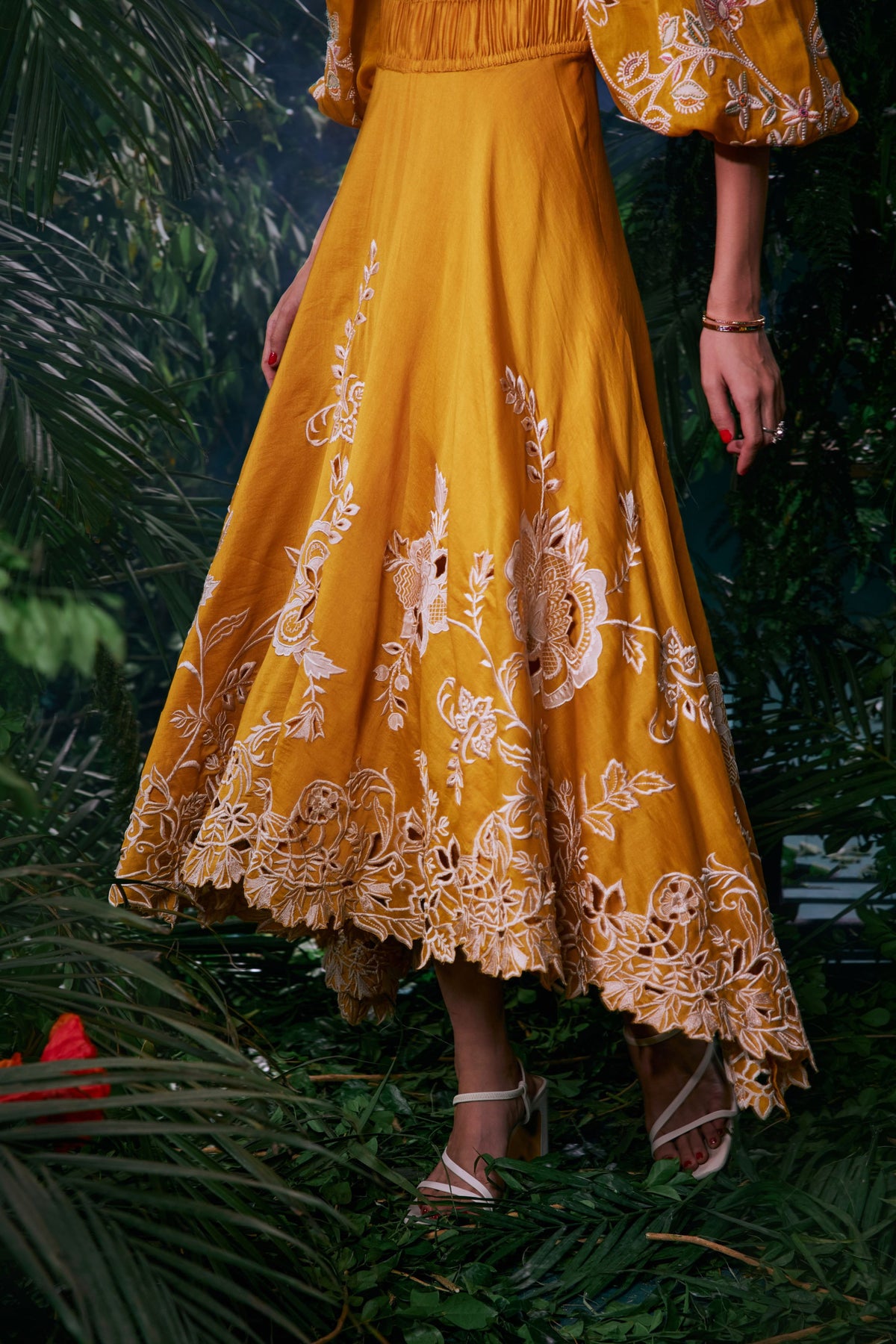 Yellow Contrast Cutwork Ruched Dress