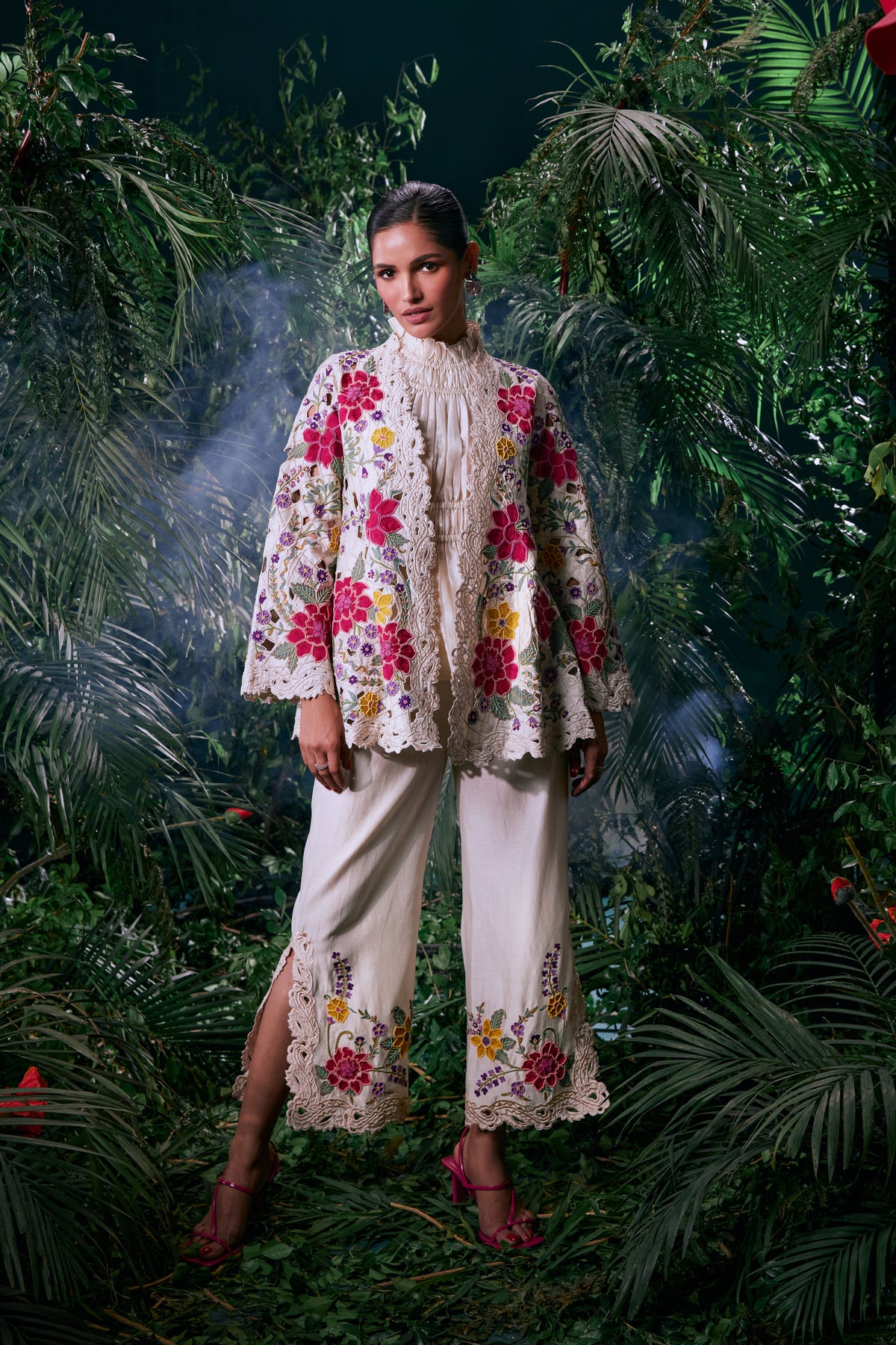 Ivory Floral Embroidered Flared Jacket