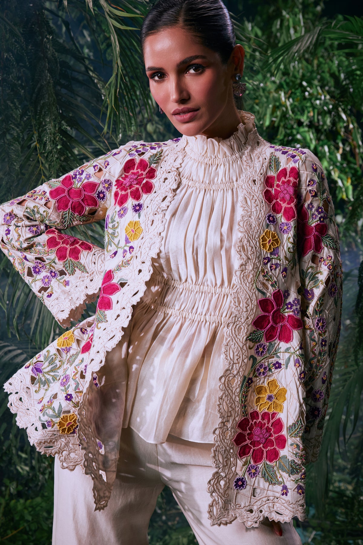 Ivory Floral Embroidered Flared Jacket