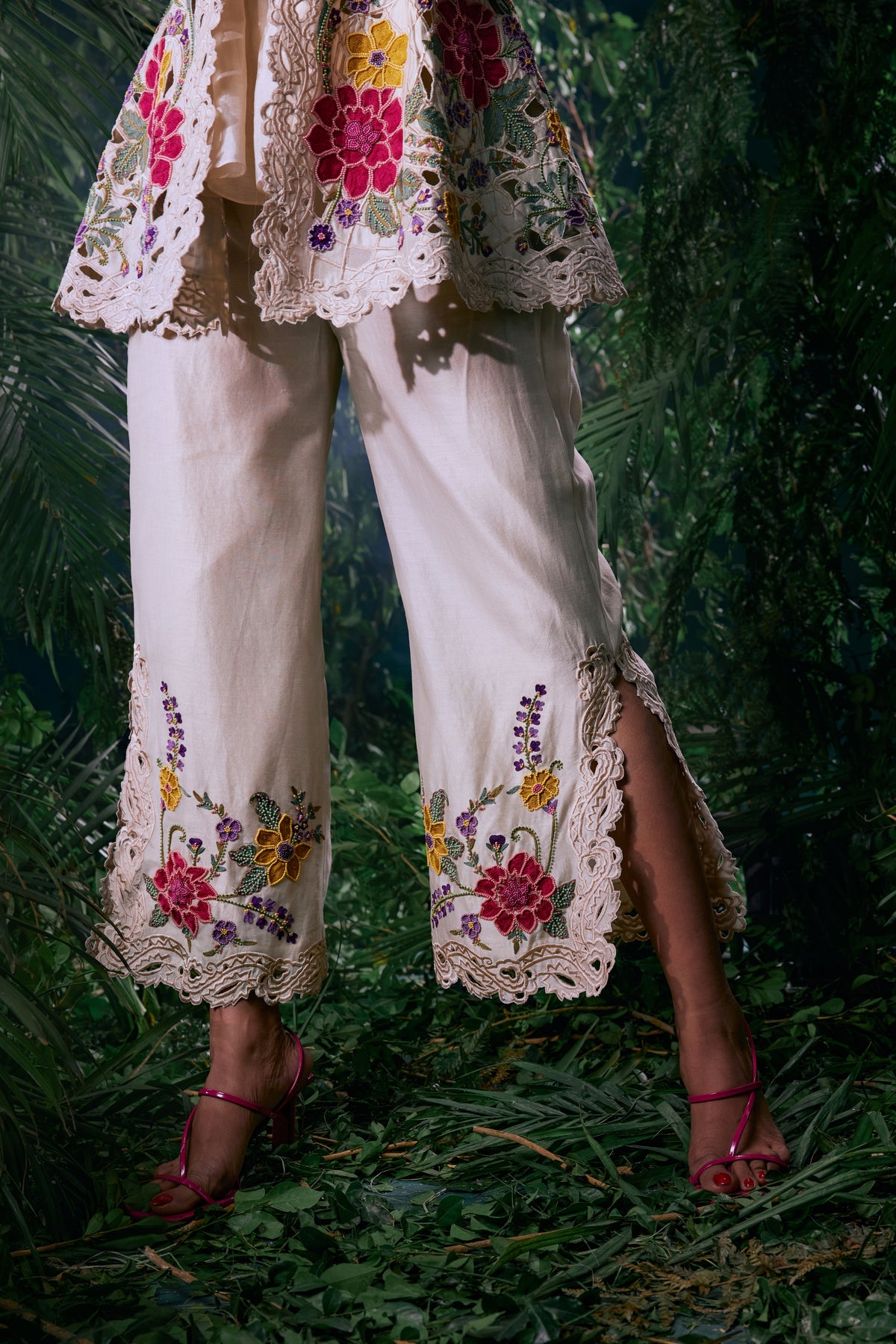 Ivory Floral Embroidered Pants