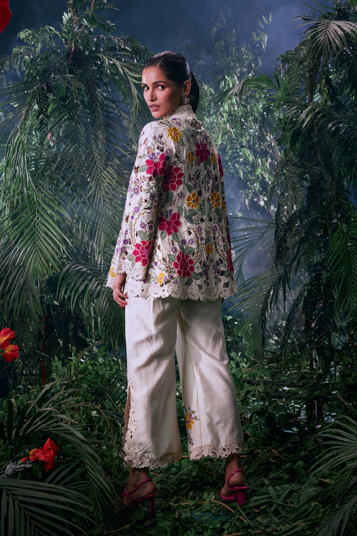 Ivory Floral Embroidered Flared Jacket