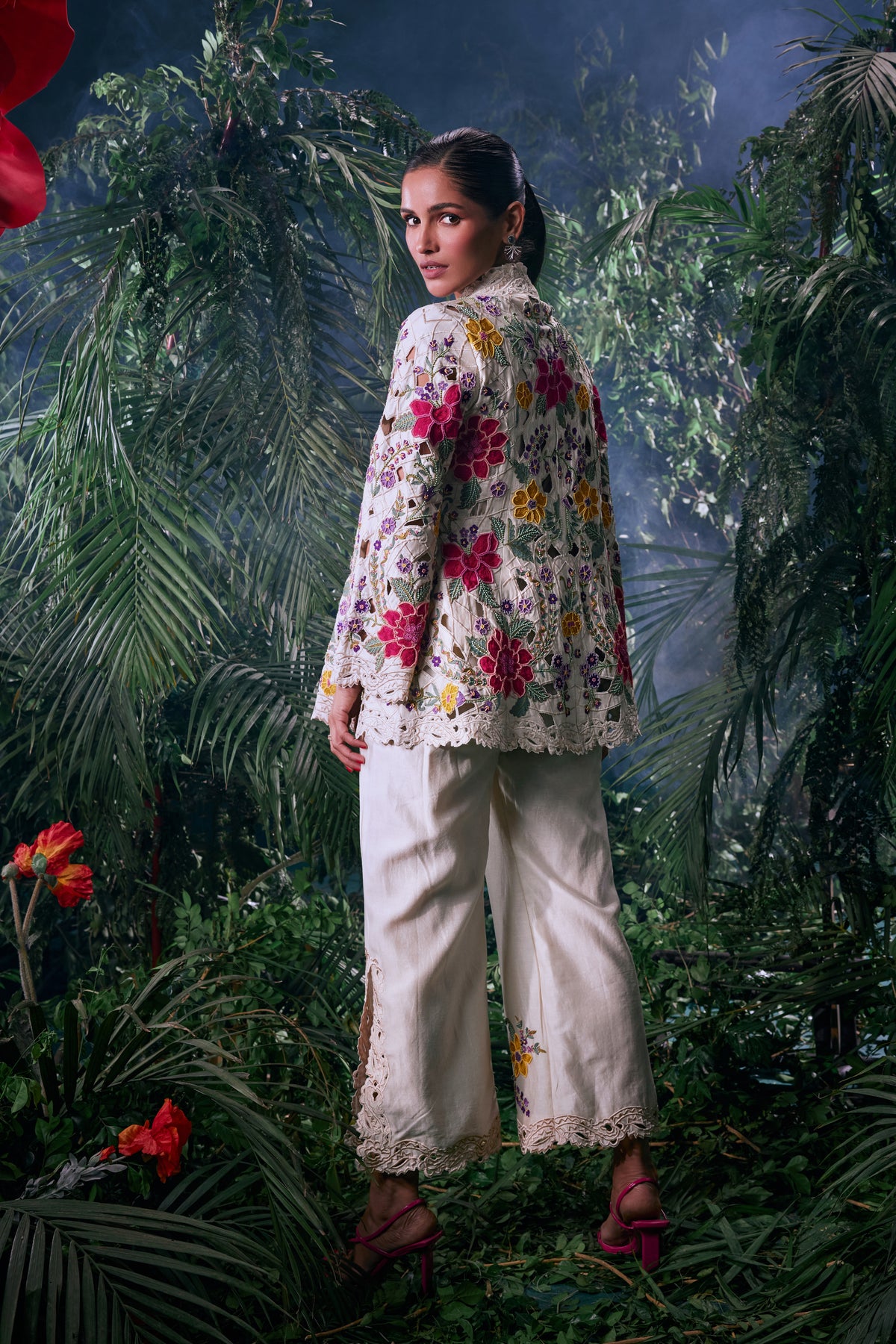 Ivory Floral Embroidered Pants