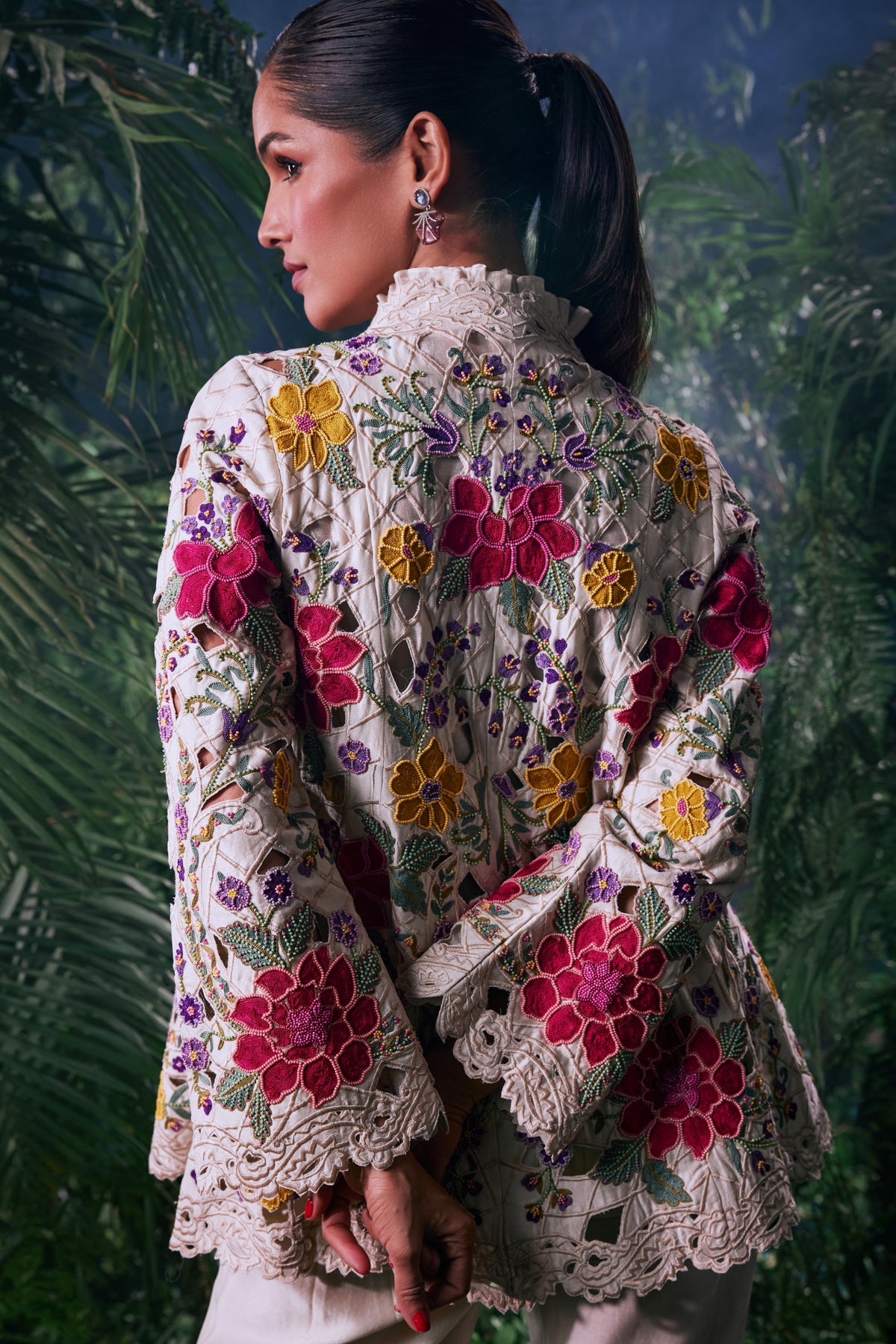 Ivory Floral Embroidered Flared Jacket