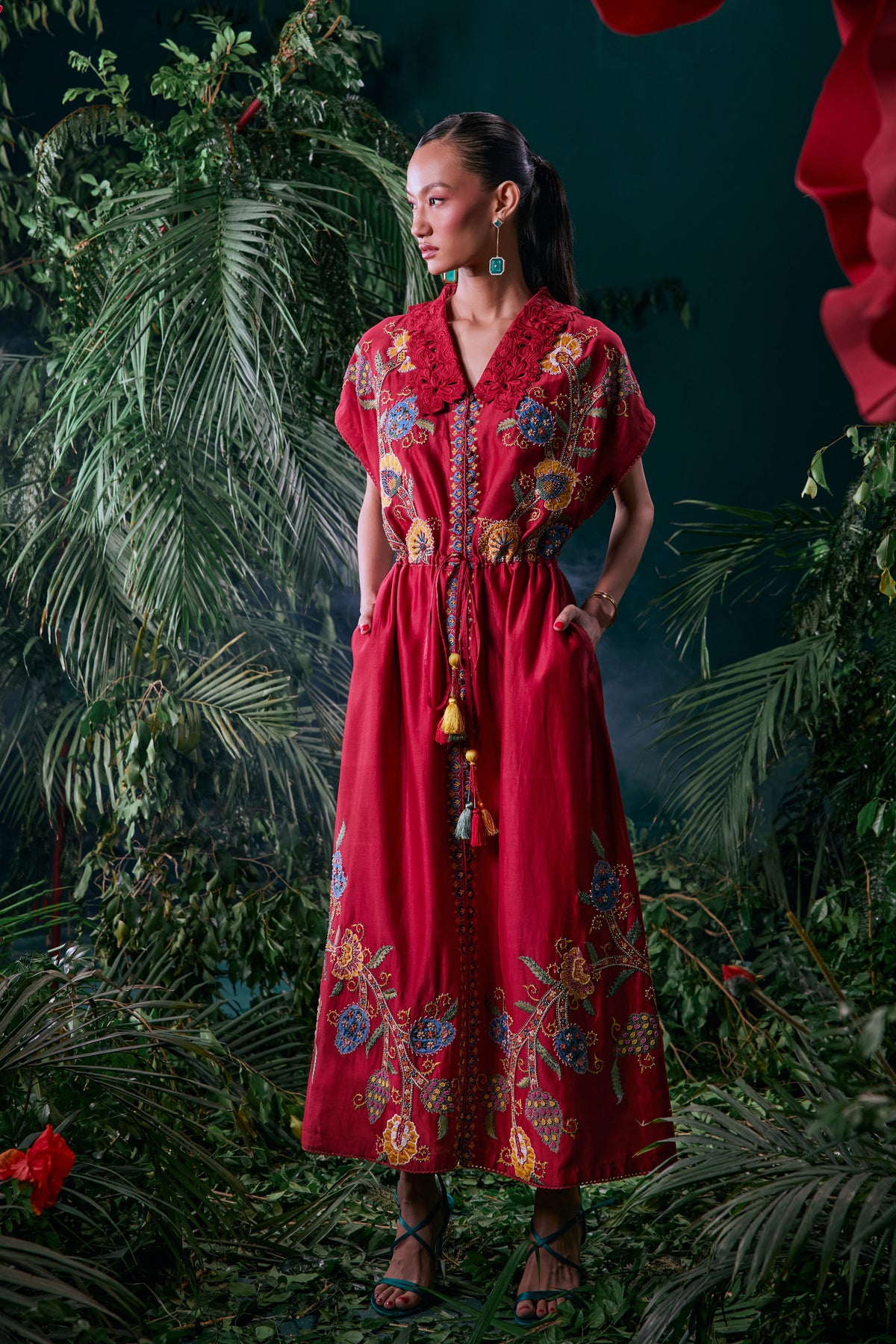 Red Floral Embroidered Shirt Dress