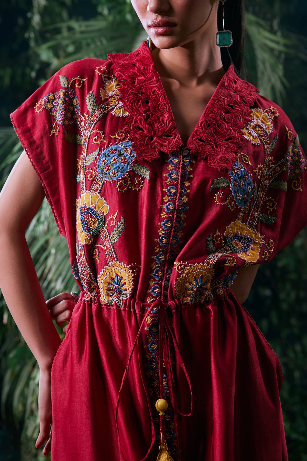 Red Floral Embroidered Shirt Dress