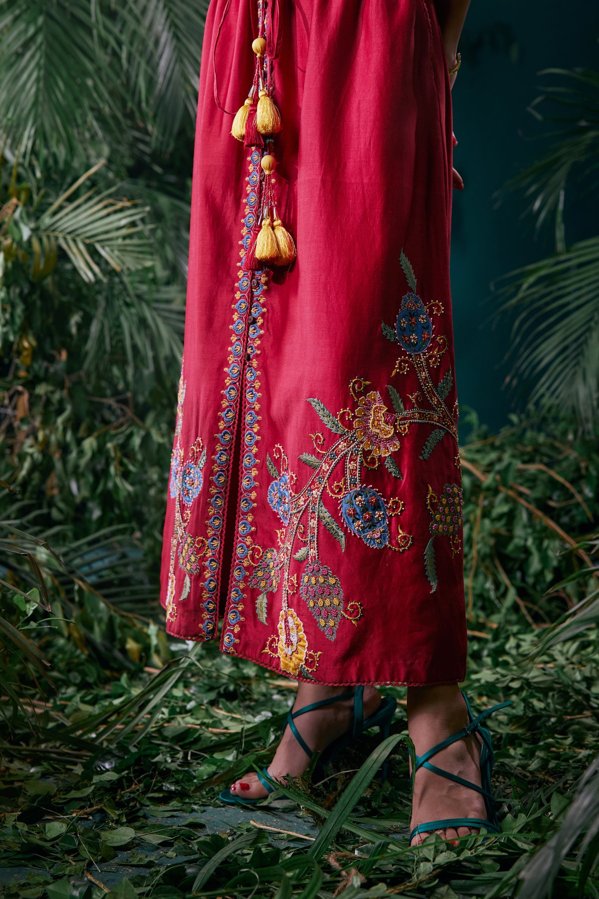 Red Floral Embroidered Shirt Dress