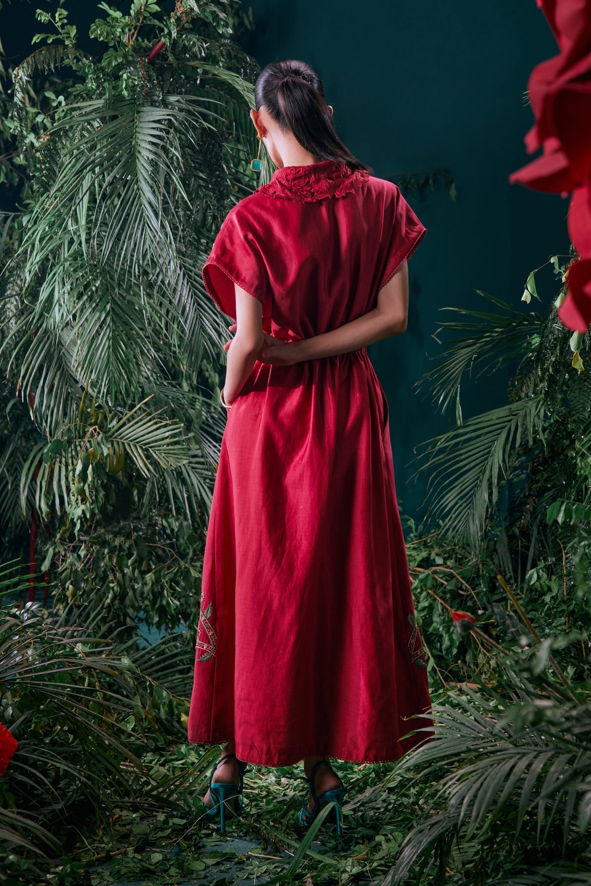 Red Floral Embroidered Shirt Dress