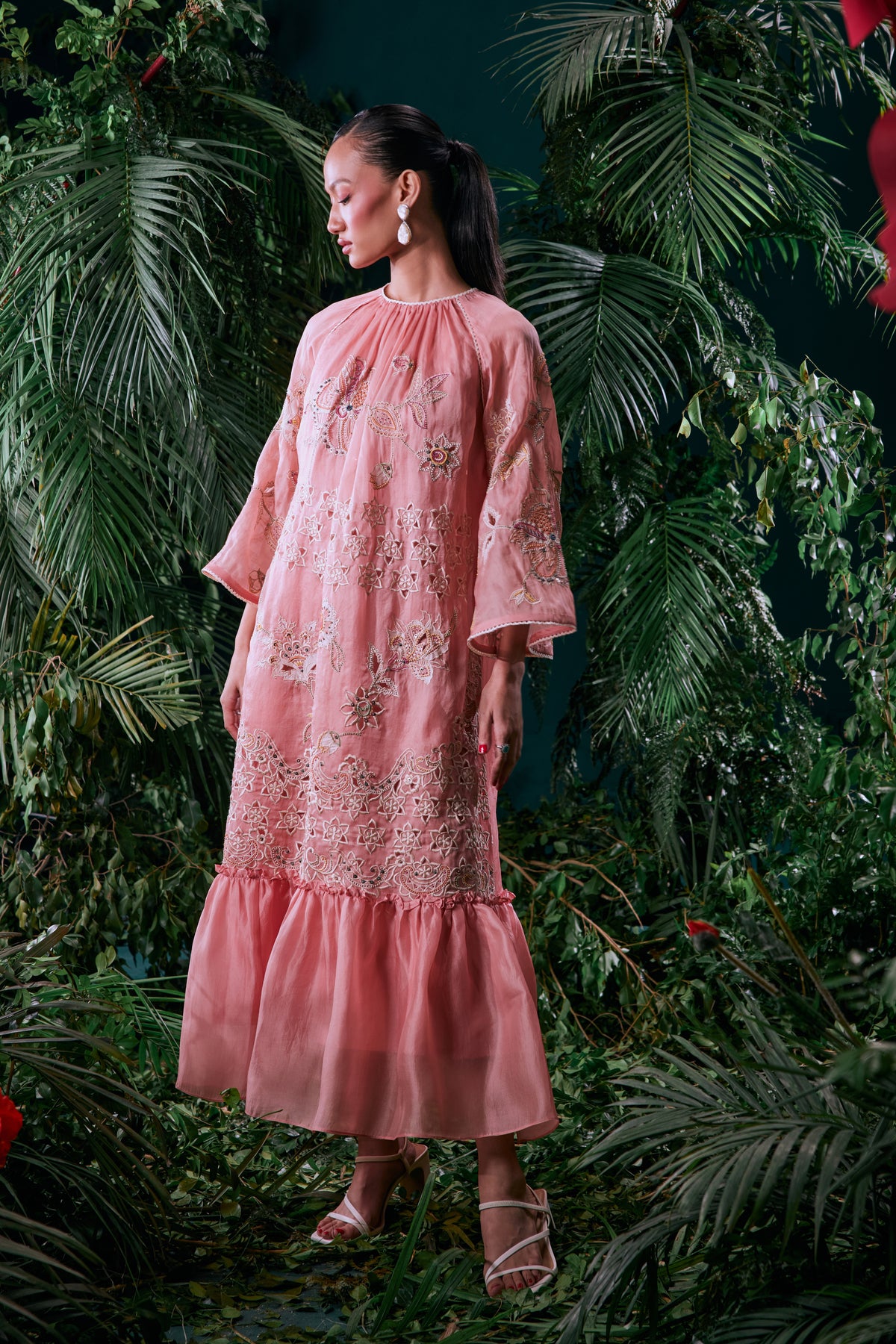 Salmon Pink Contrast Embroidered Dress