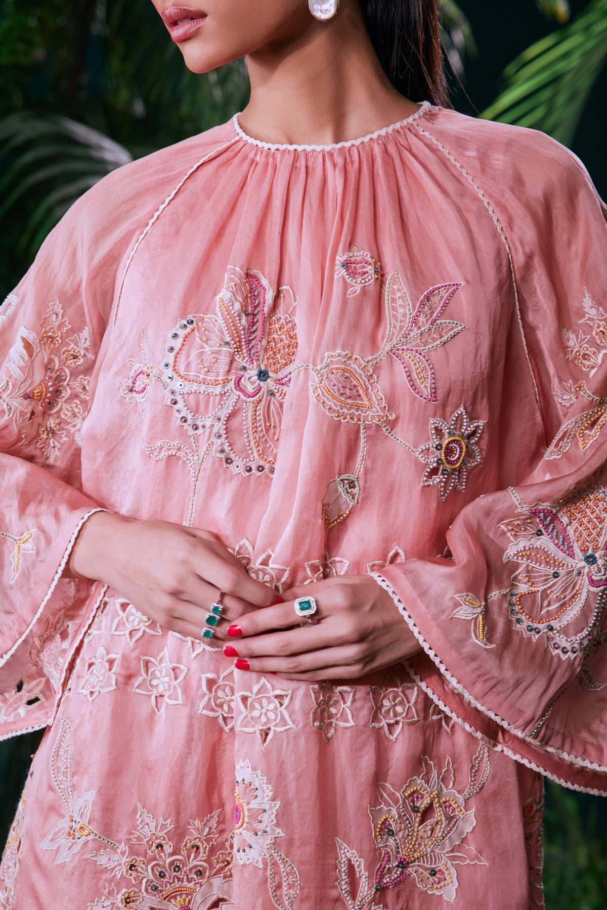 Salmon Pink Contrast Embroidered Dress