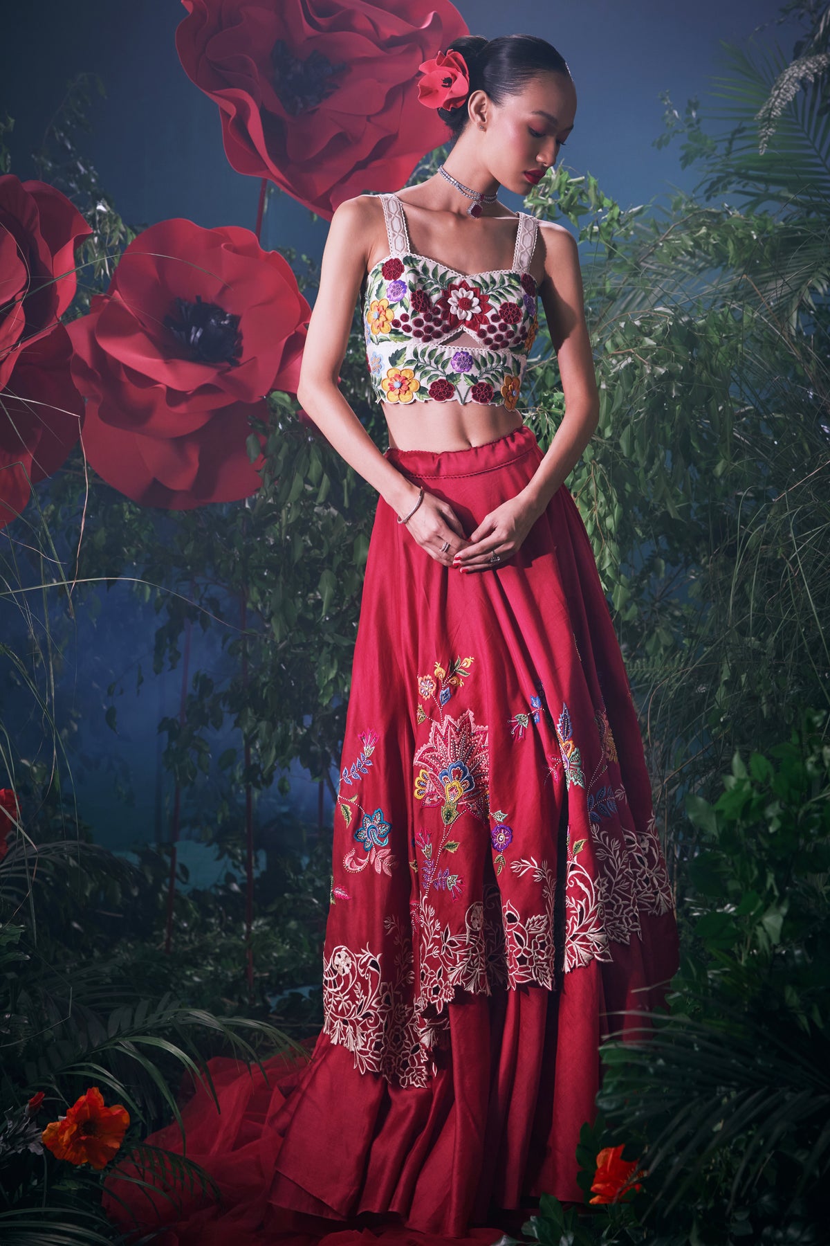 Red Floral Embroidered Layered Lehenga