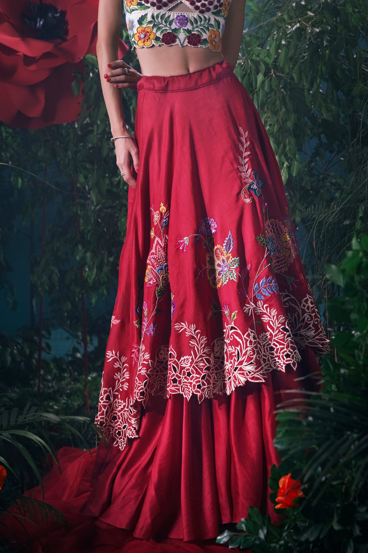 Red Floral Embroidered Layered Lehenga