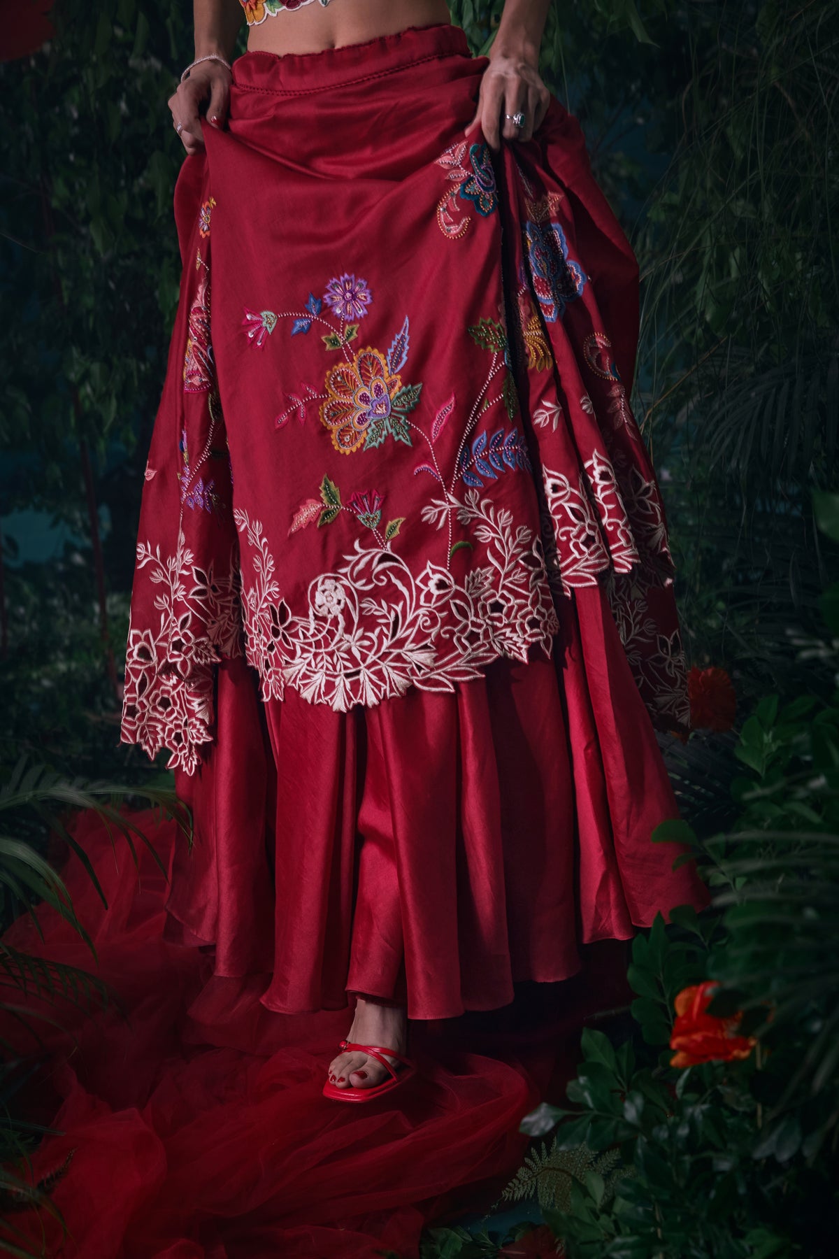 Red Floral Embroidered Layered Lehenga