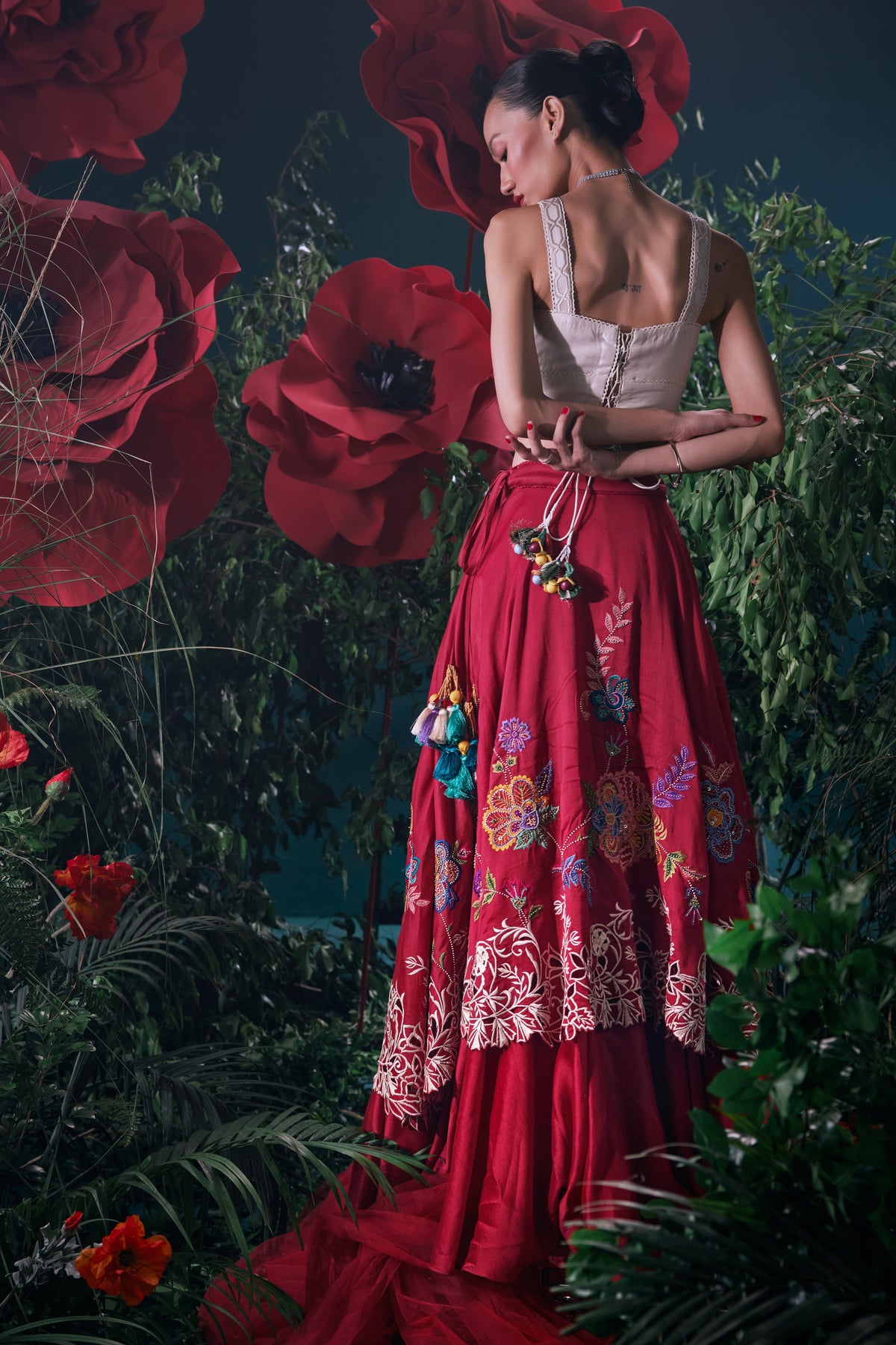 Red Floral Embroidered Layered Lehenga