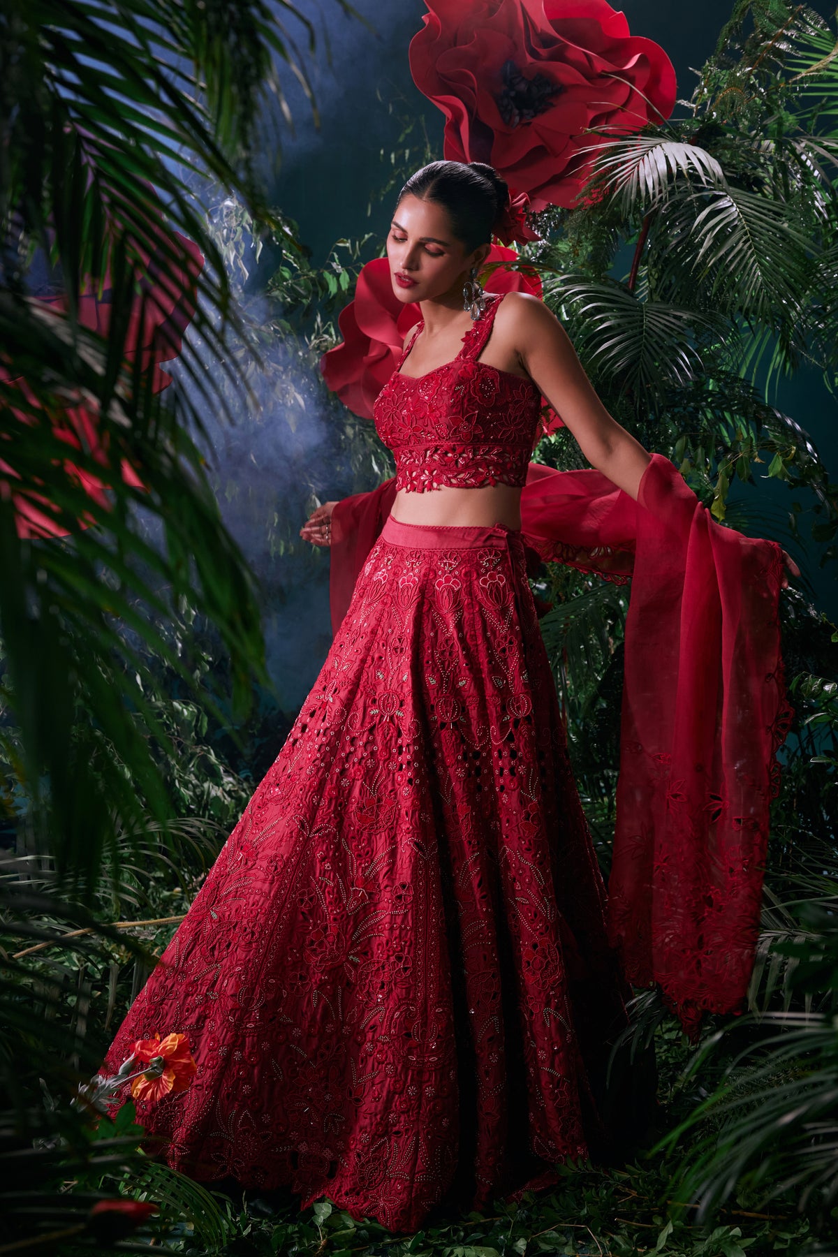 Red Tonal Cutwork Lehenga