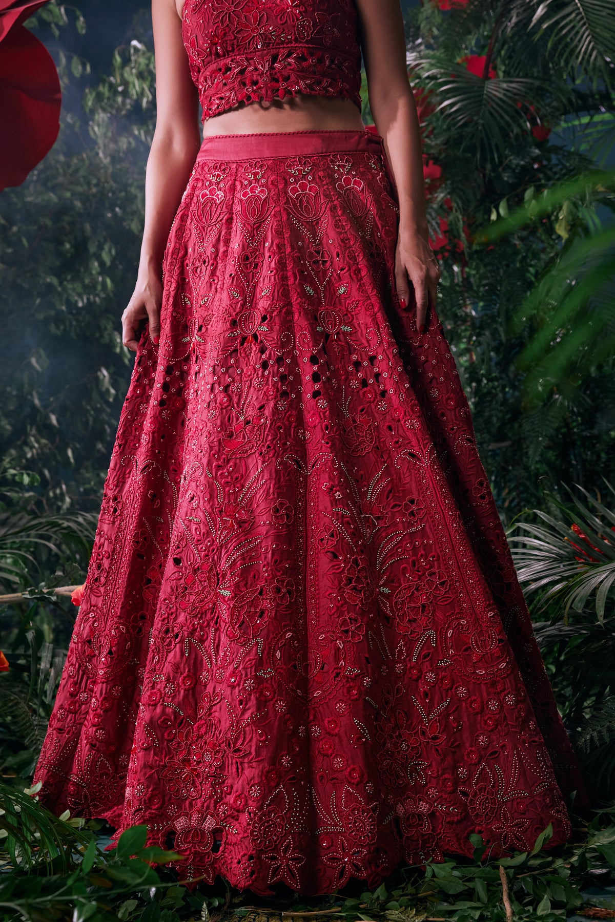 Red Tonal Cutwork Lehenga