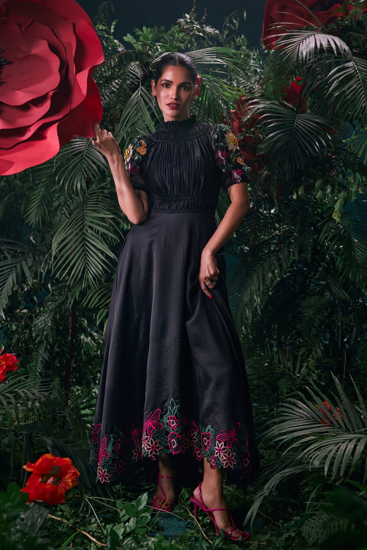 Black Floral Embroidered Ruched Dress