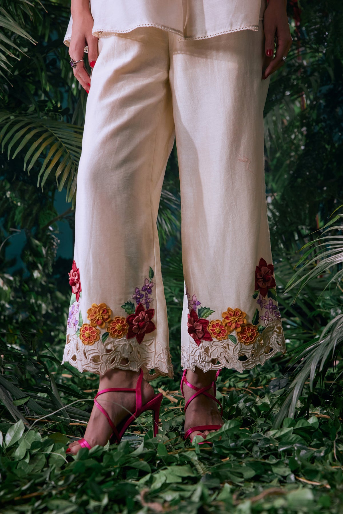 Ivory 3d Floral Pants