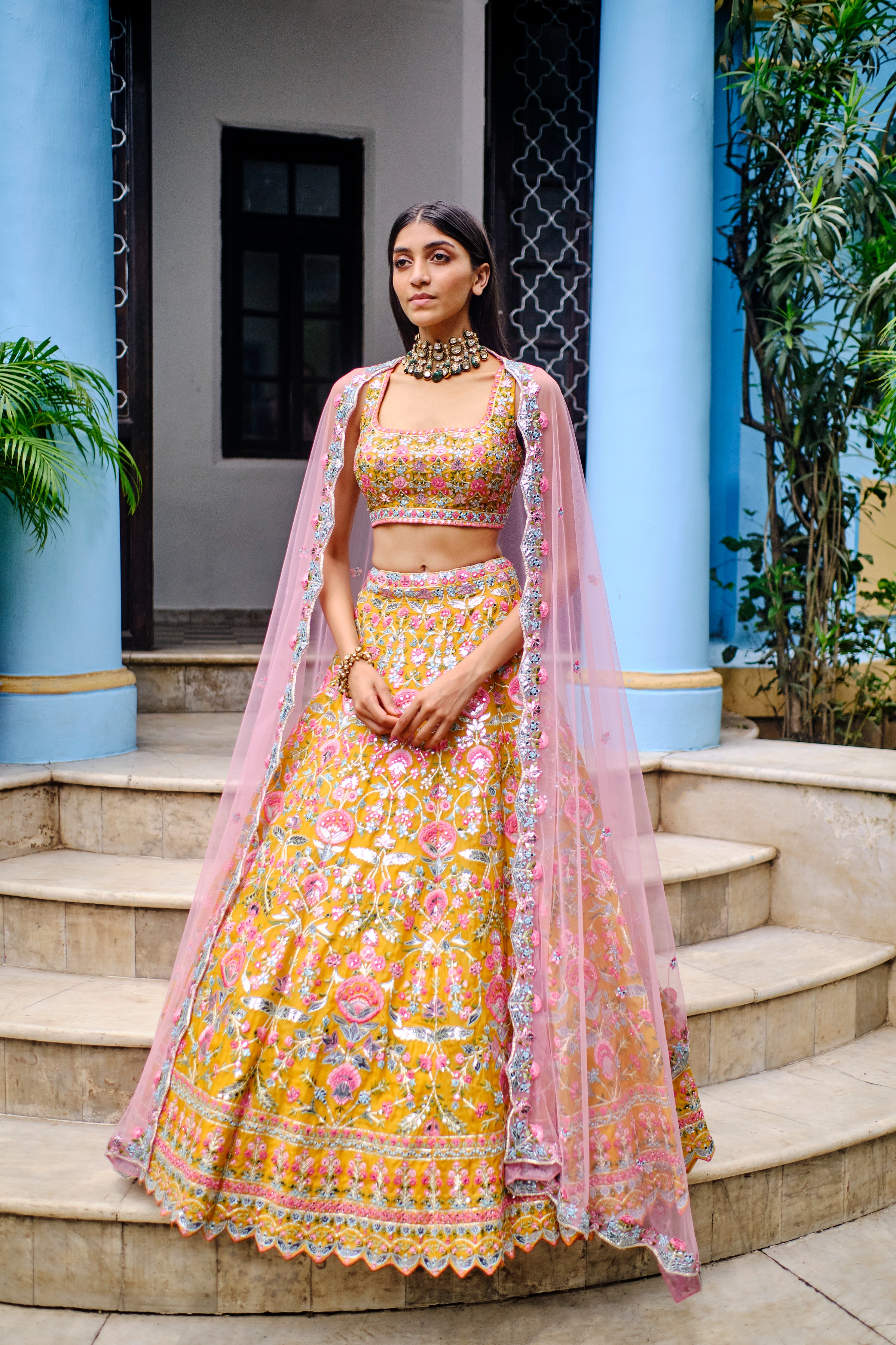 Anika Yellow Floral Lehenga Set 116-YLW – indiinside