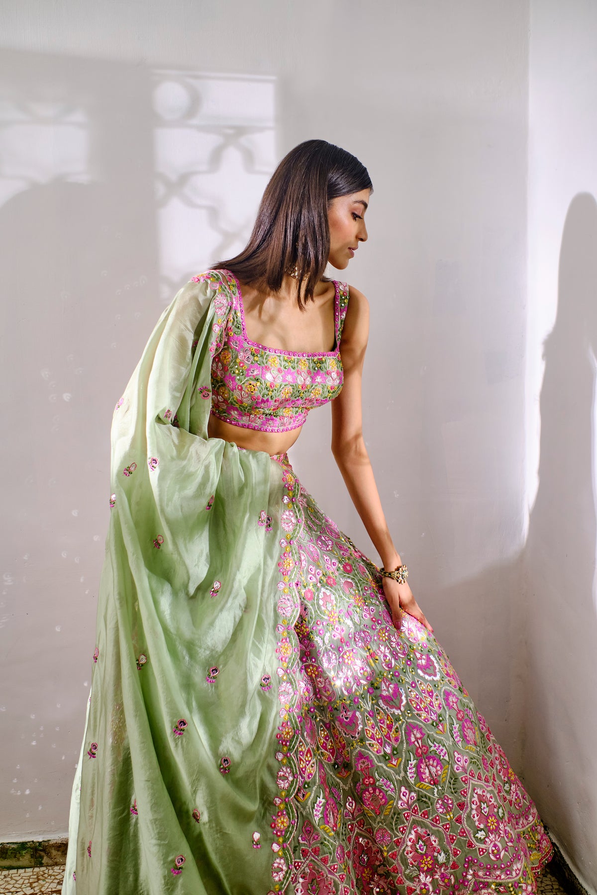 Sage Green Floral Silk Lehenga