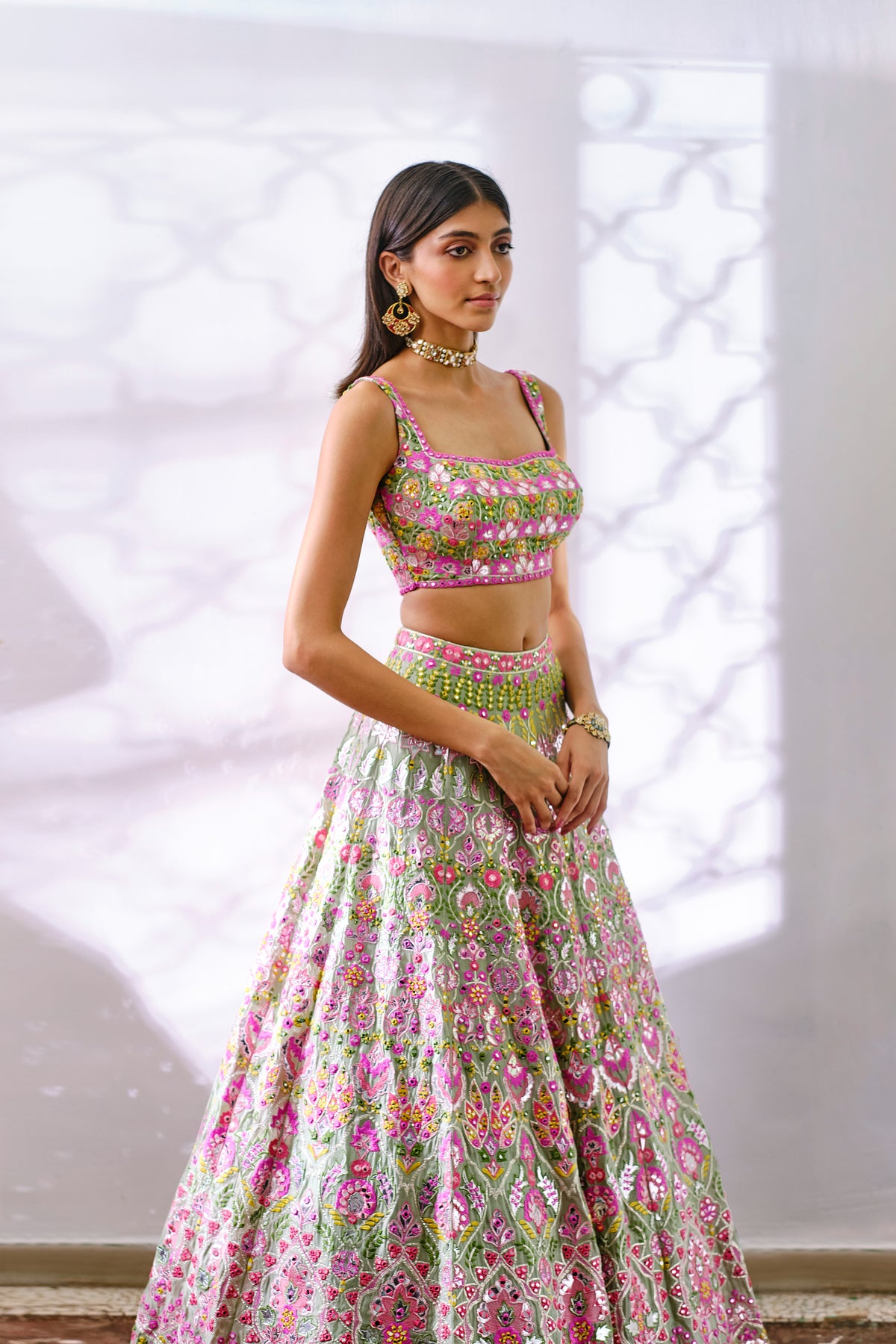 Sage Green Floral Silk Lehenga