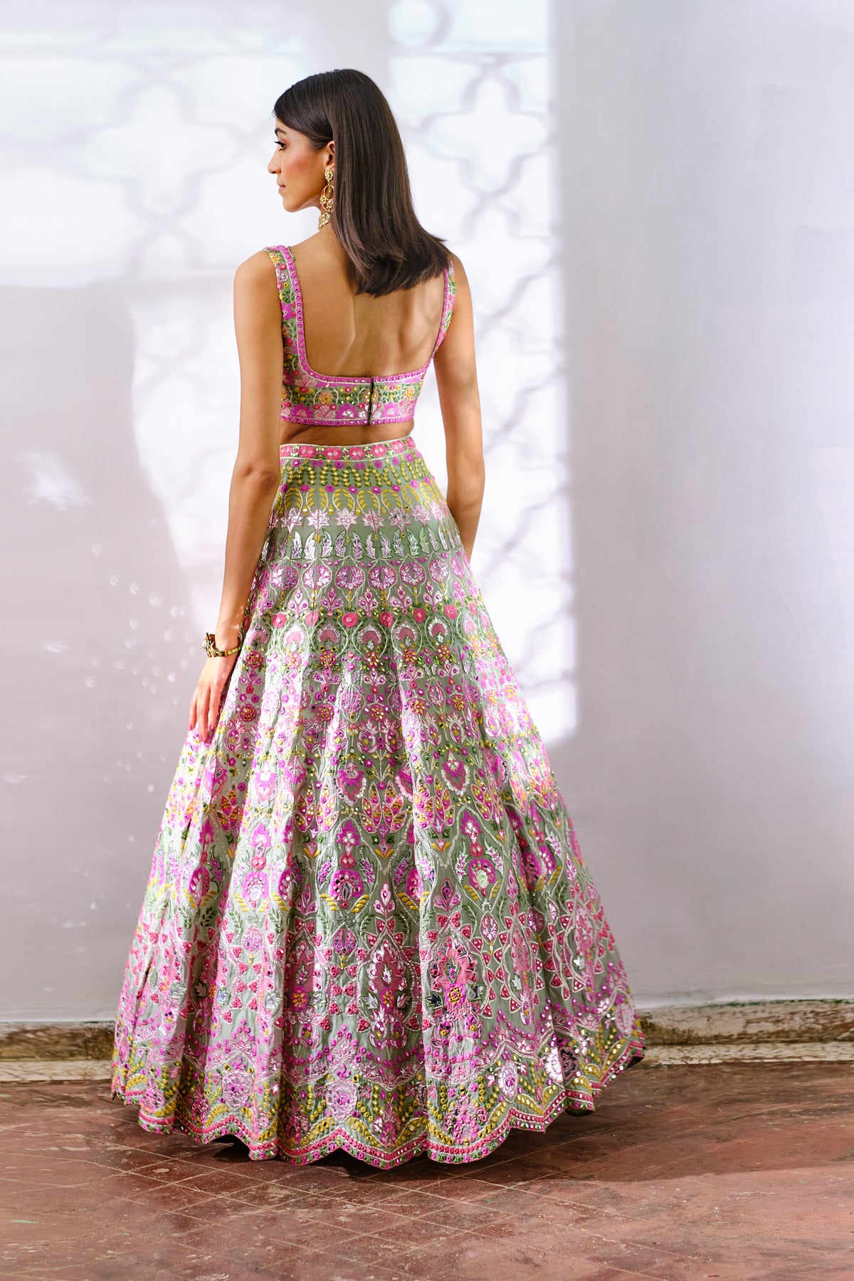 Sage Green Floral Silk Lehenga