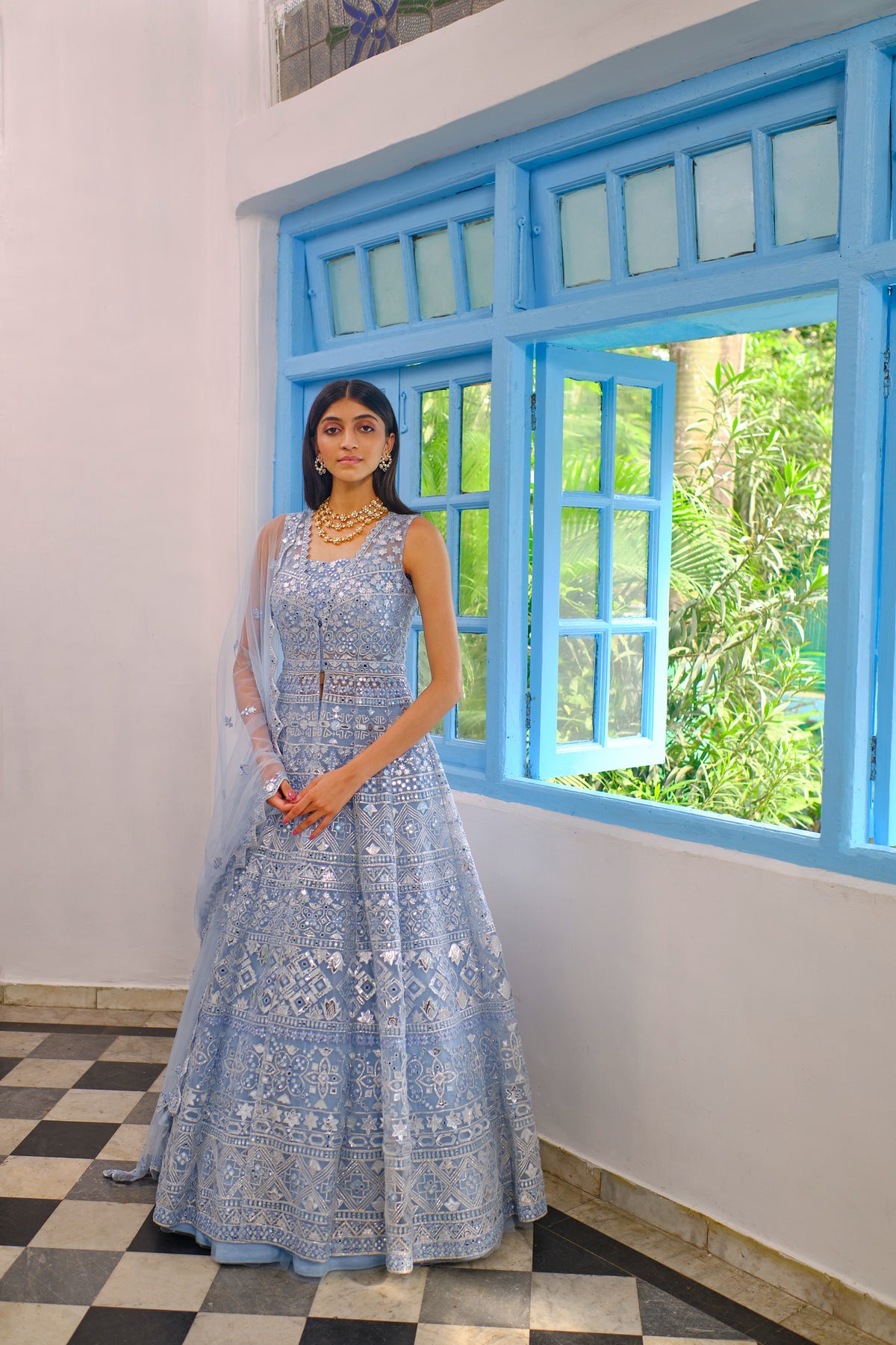 Blue Mirror Jacket/lehenga