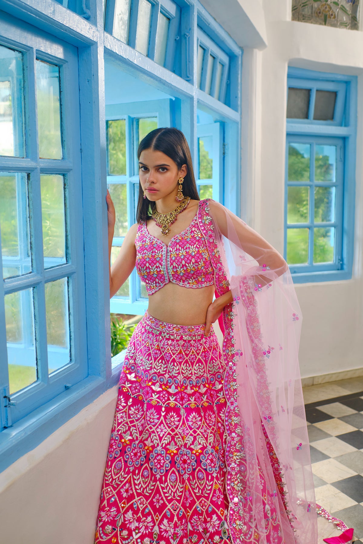 Hot Pink Floral Gota Lehenga