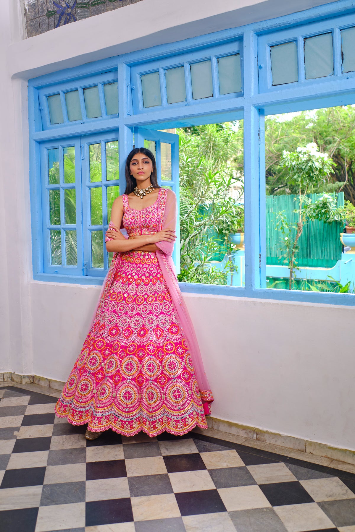 Fushcia Pink Circles Lehenga