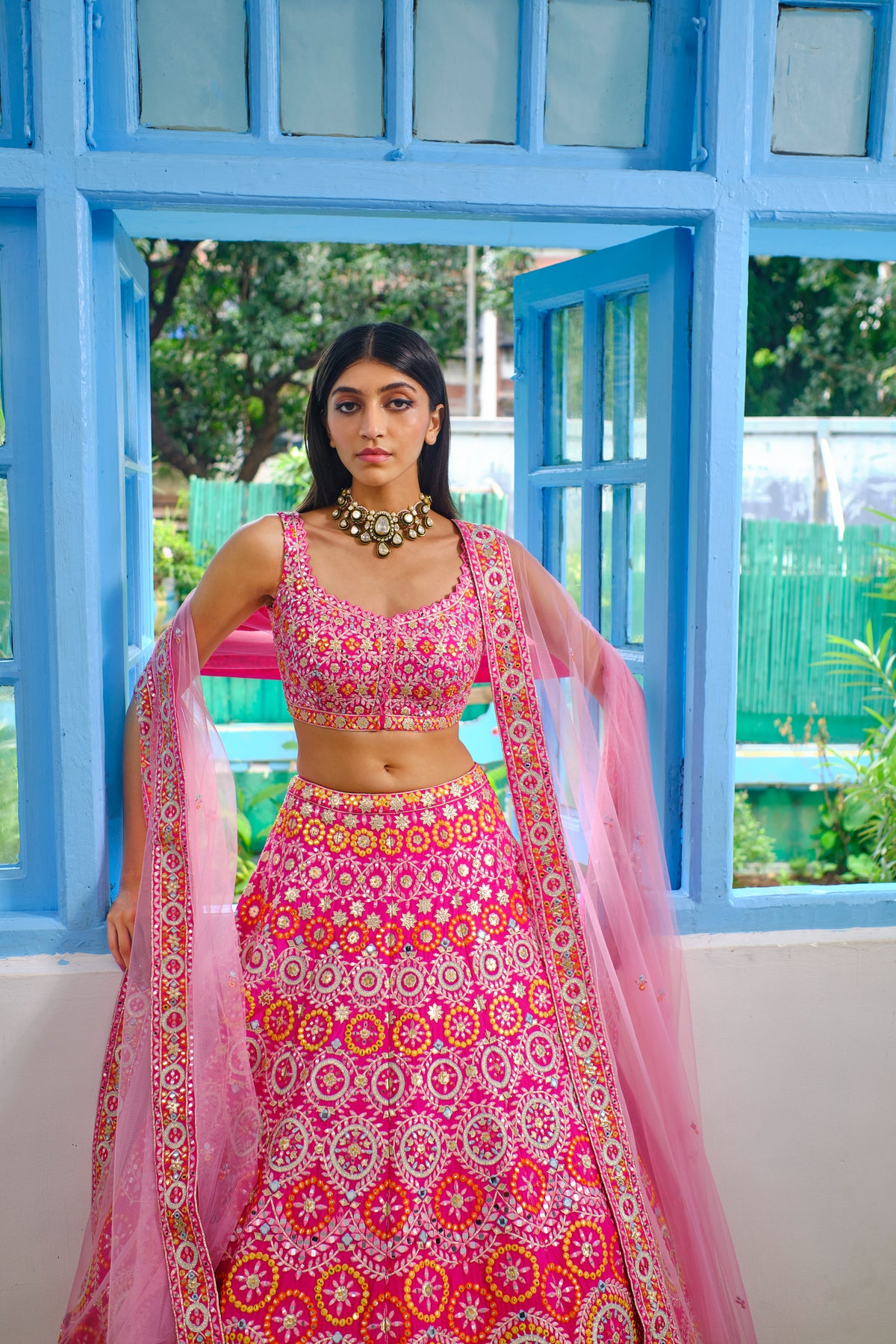 Fushcia Pink Circles Lehenga