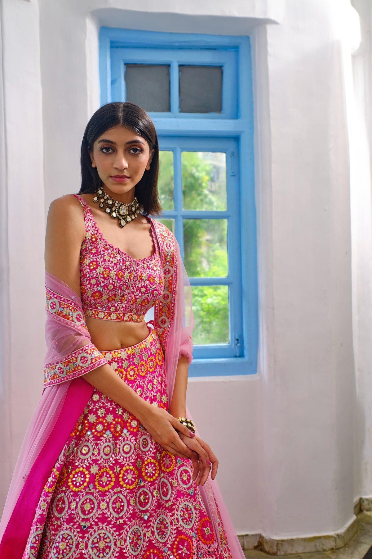 Fushcia Pink Circles Lehenga