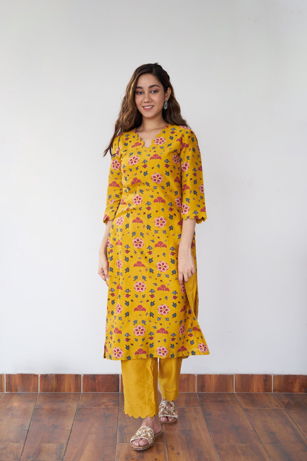 Mustard chanderi printed kurta set